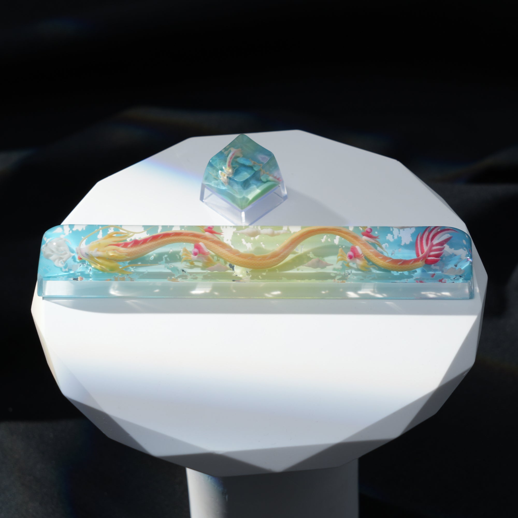 Womier Yellow Dragon Artisan resin keycaps are made with a 3D printing process, feature an SA profile, and are compatible with all MX-style switches.