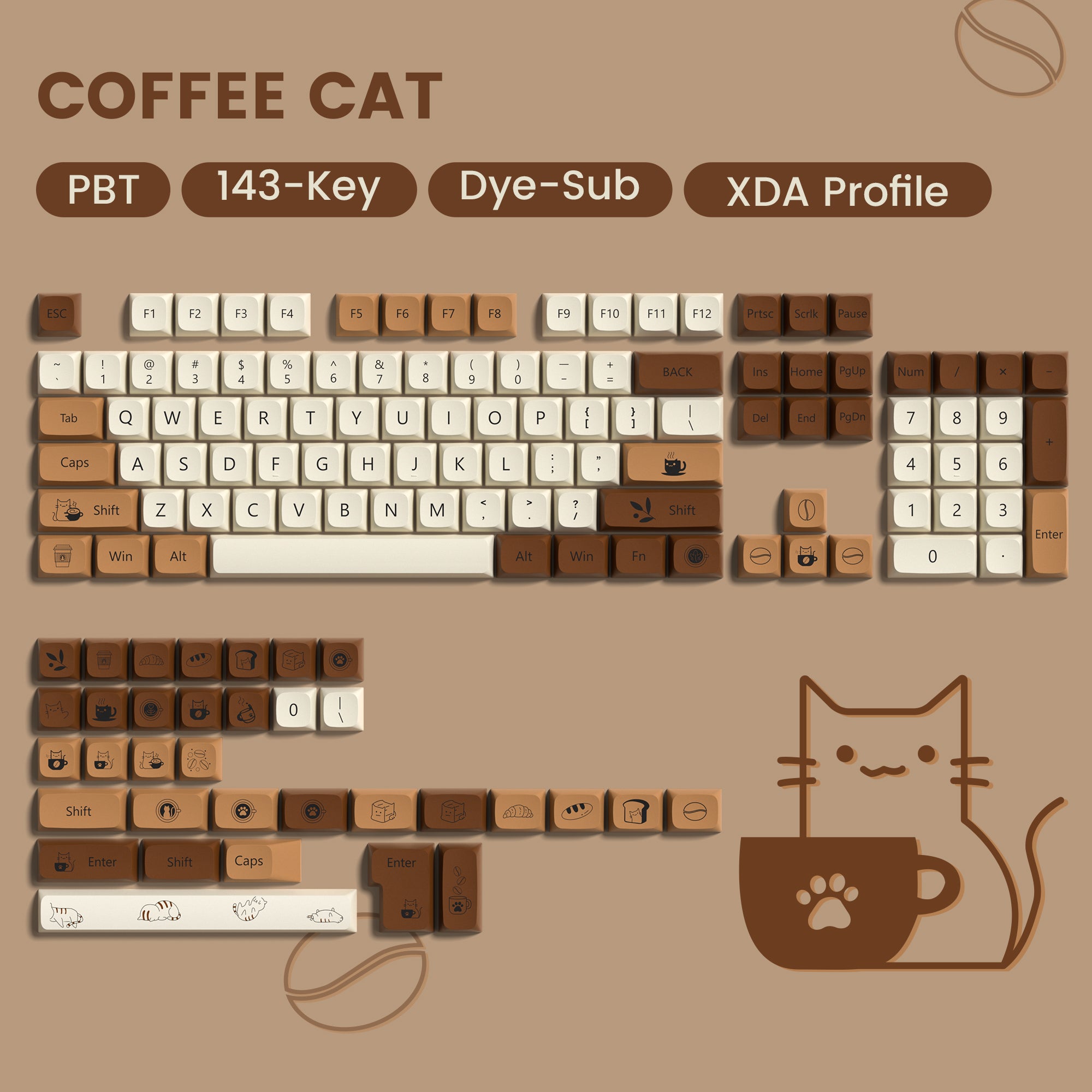 Womier Coffee Cat 143-key XDA profile PBT keycap set adopts dye-sublimation process. It compatible with MX-style switches and most ANSI layout.