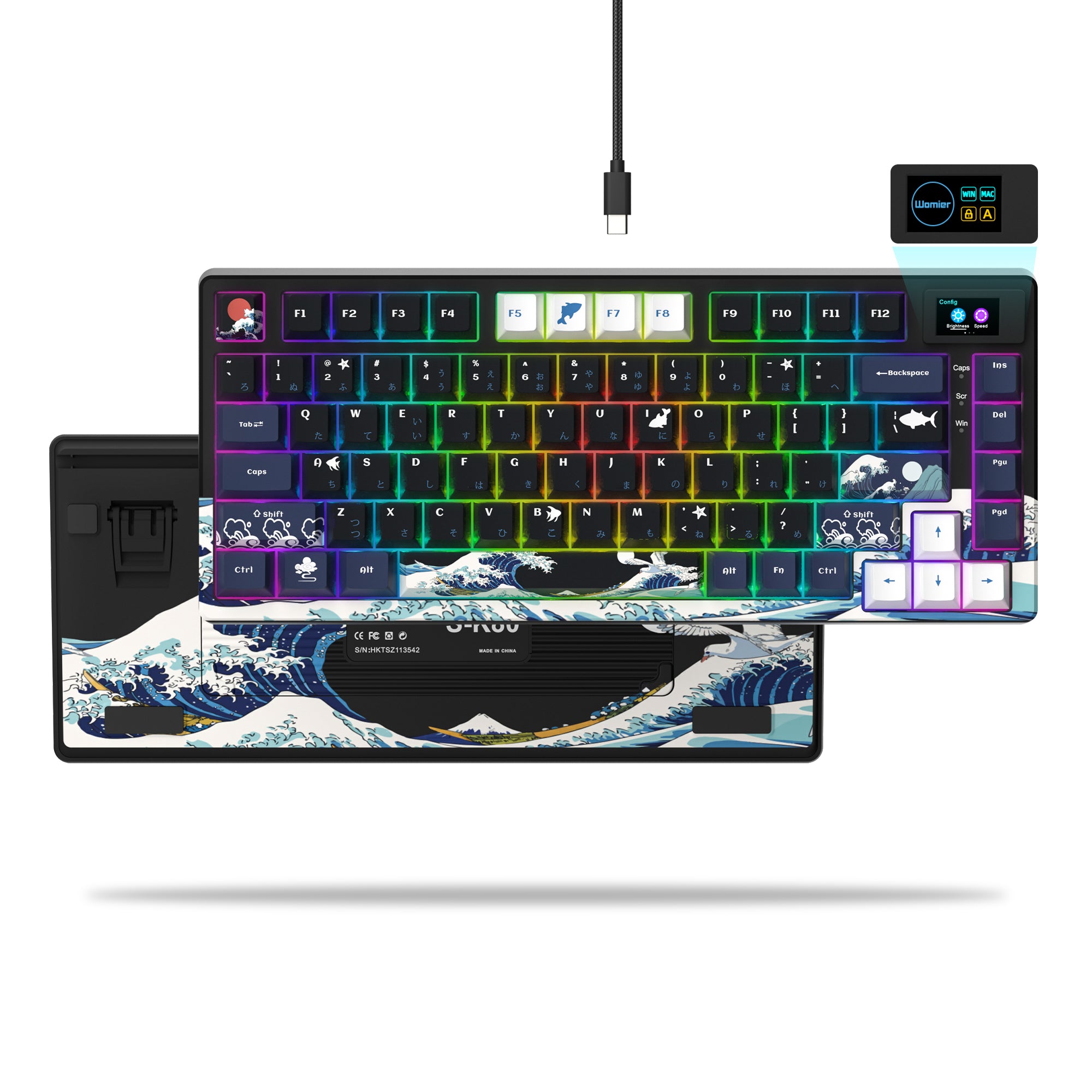 Expertly designed with a black Kanagawa theme, the Womier SK80 is a gasket-mounted 75% mechanical keyboard featuring a smart display.