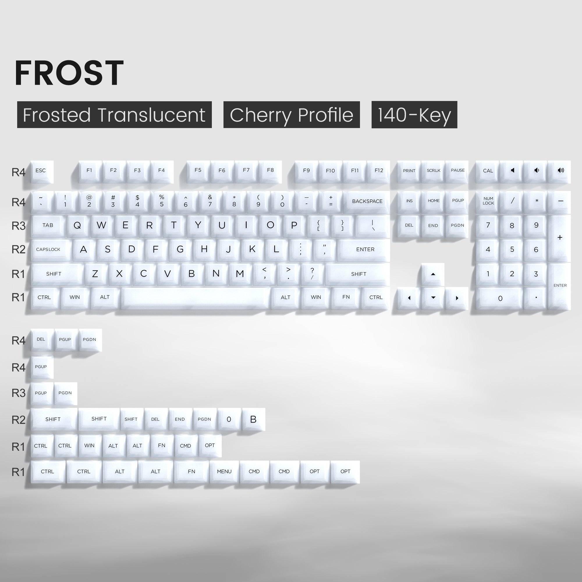 Womier Frost Translucent Cherry Profile Double-shot Keycap Set is made of high-quality PC. It compatible with MX-style switches and most ANSI layout.
