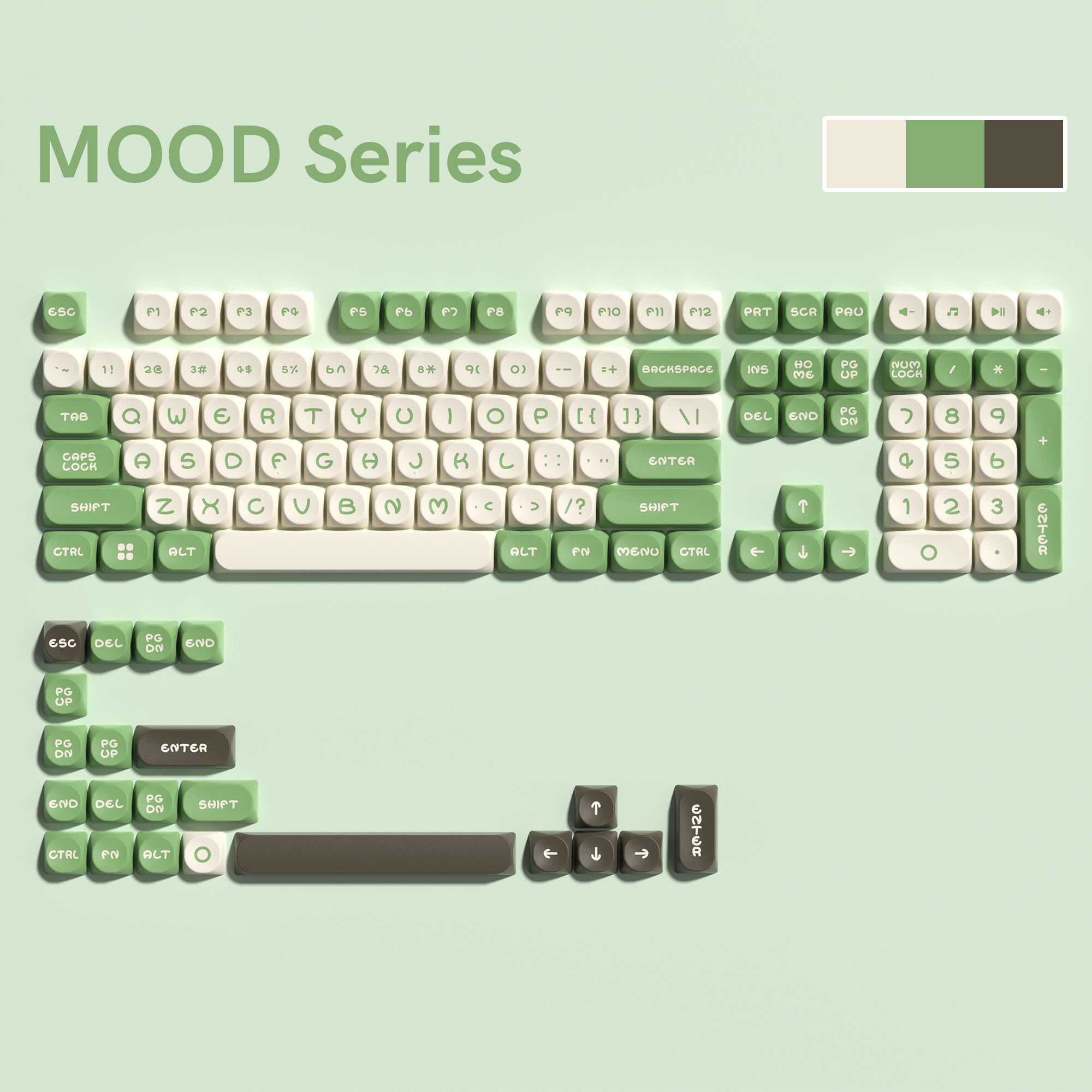 Womier Avocado 127-key MOA profile PBT keycap set adopts double-shot process. It compatible with all MX-style switches and most ANSI layout.