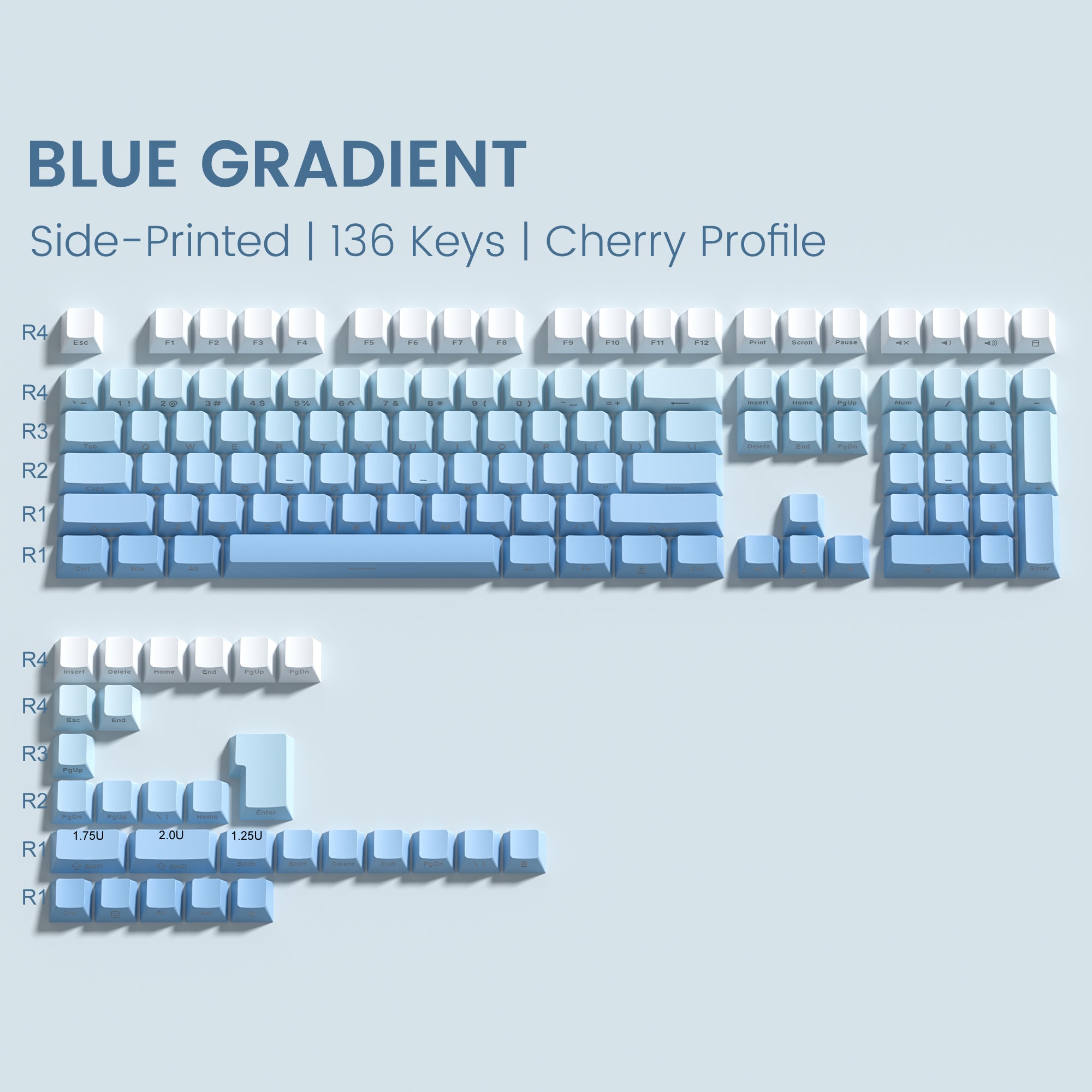 Womier Blue Gradient Side-Printed Cherry Profile Double-shot PBT Keycap fit for most of ANSI Layout and MX-style switches.