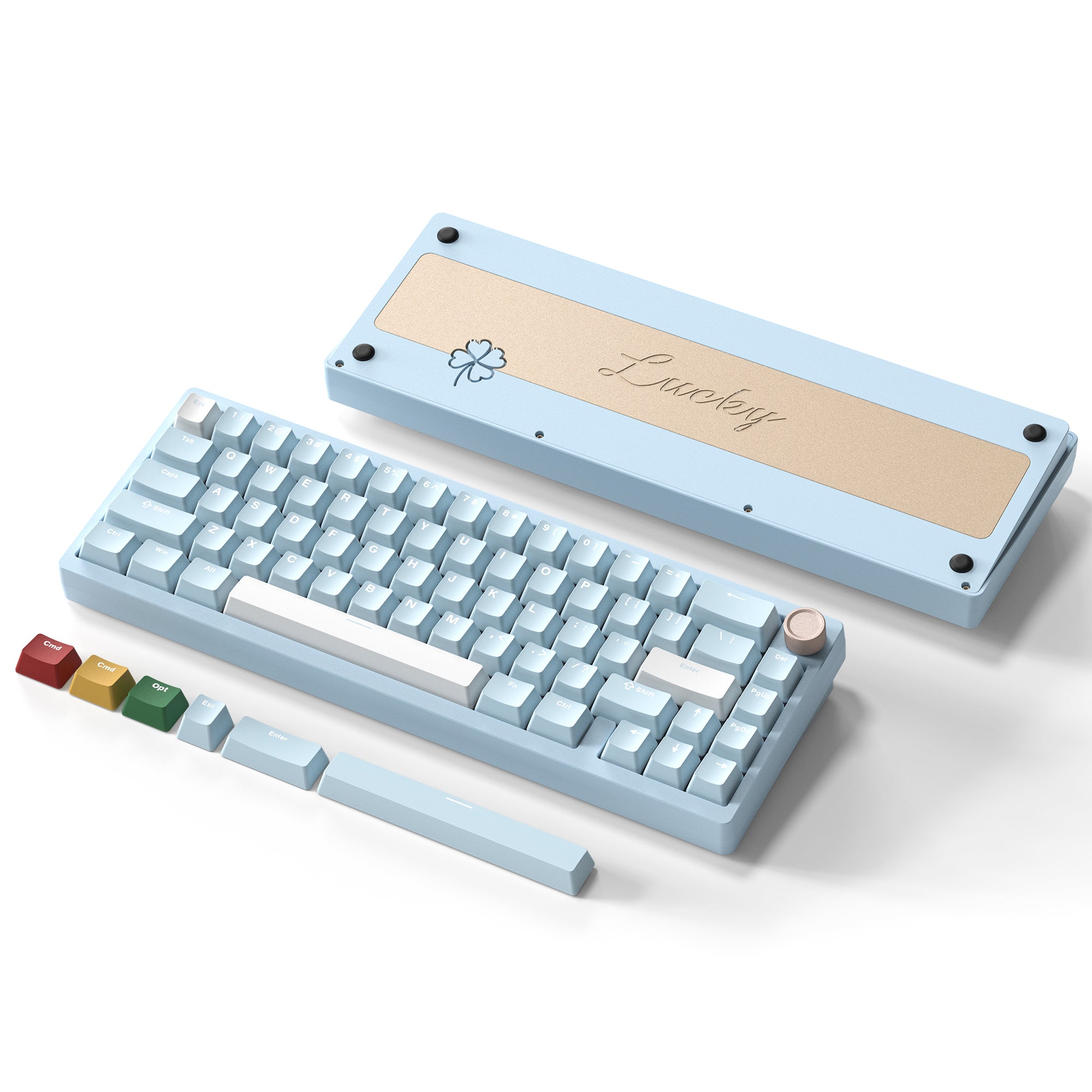 Womier SK65 e-coated blue 65% wireless mechanical keyboard features a CNC aluminum case with a metallic knob.