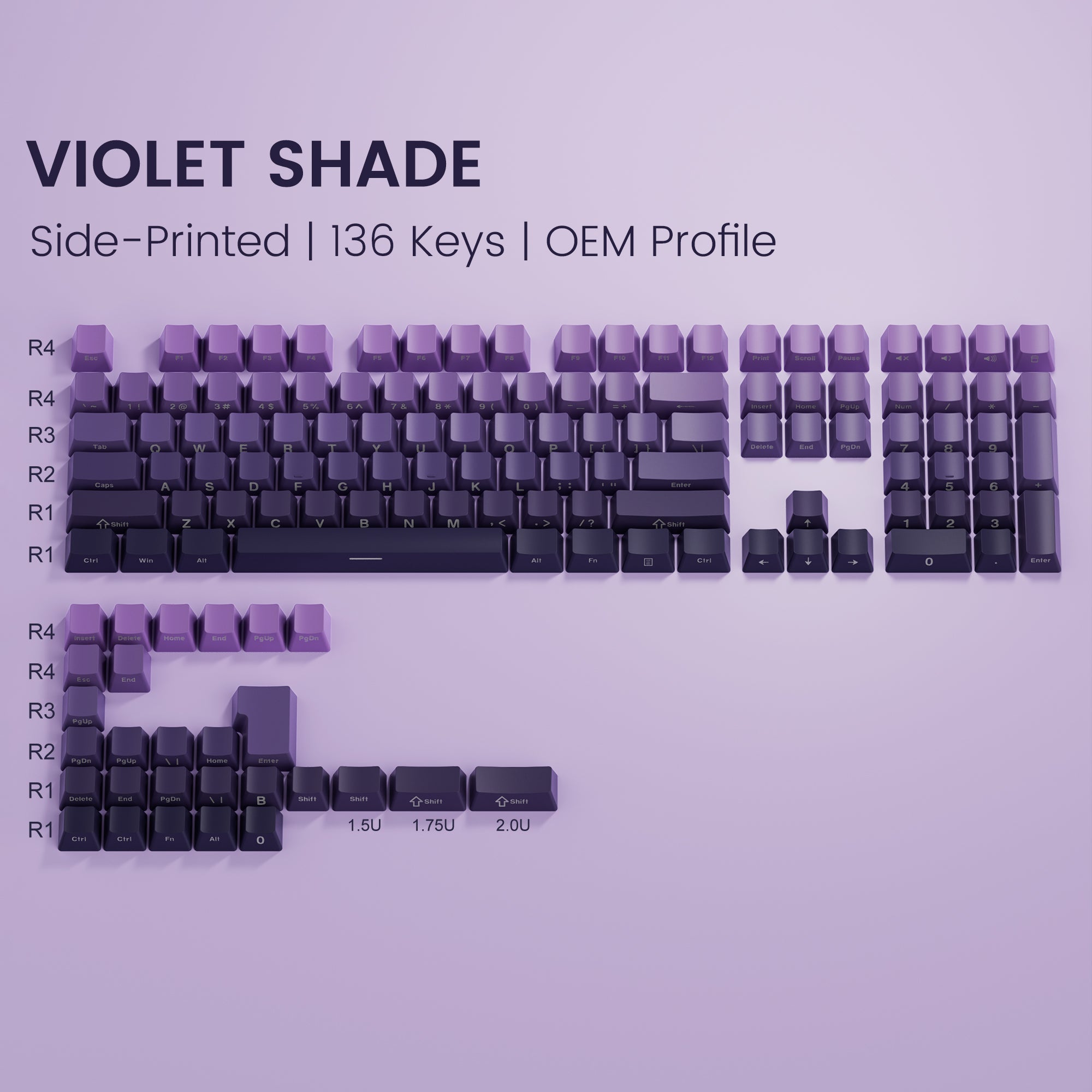 Womier Violet Shade Side-Printed OEM Profile Double-shot PBT Keycap fit for most of ANSI Layout and MX-style switches.