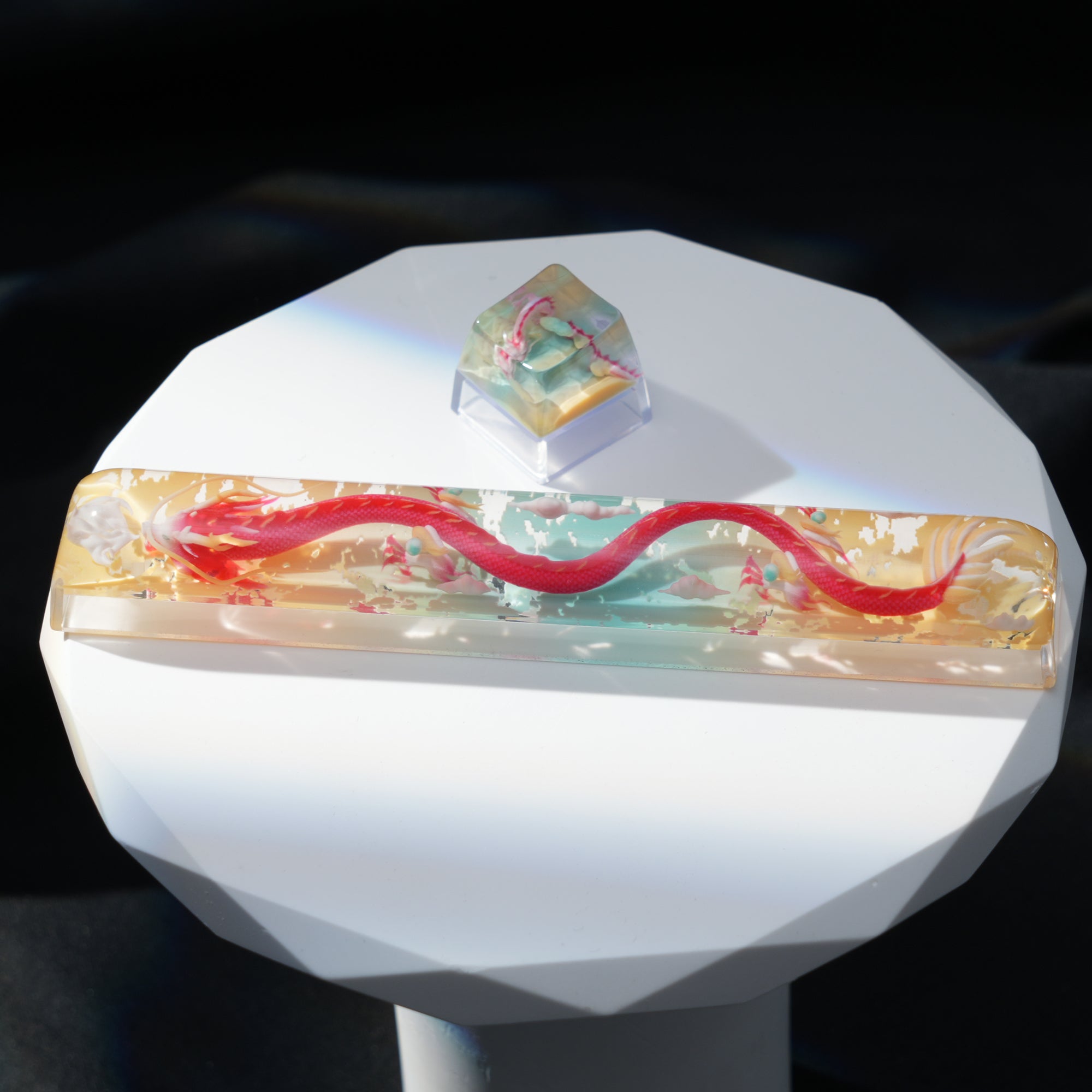 Womier Red Dragon Artisan resin keycaps are made with a 3D printing process, feature an SA profile, and are compatible with all MX-style switches.