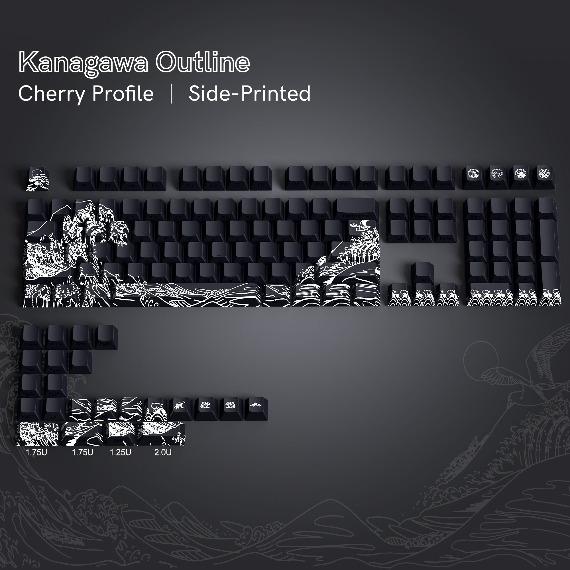 Womier Black Kanagawa theme side-printed cherry profile dye-sub double-shot PBT keycap set. It fits for most of ANSI Layout and MX-style switches.