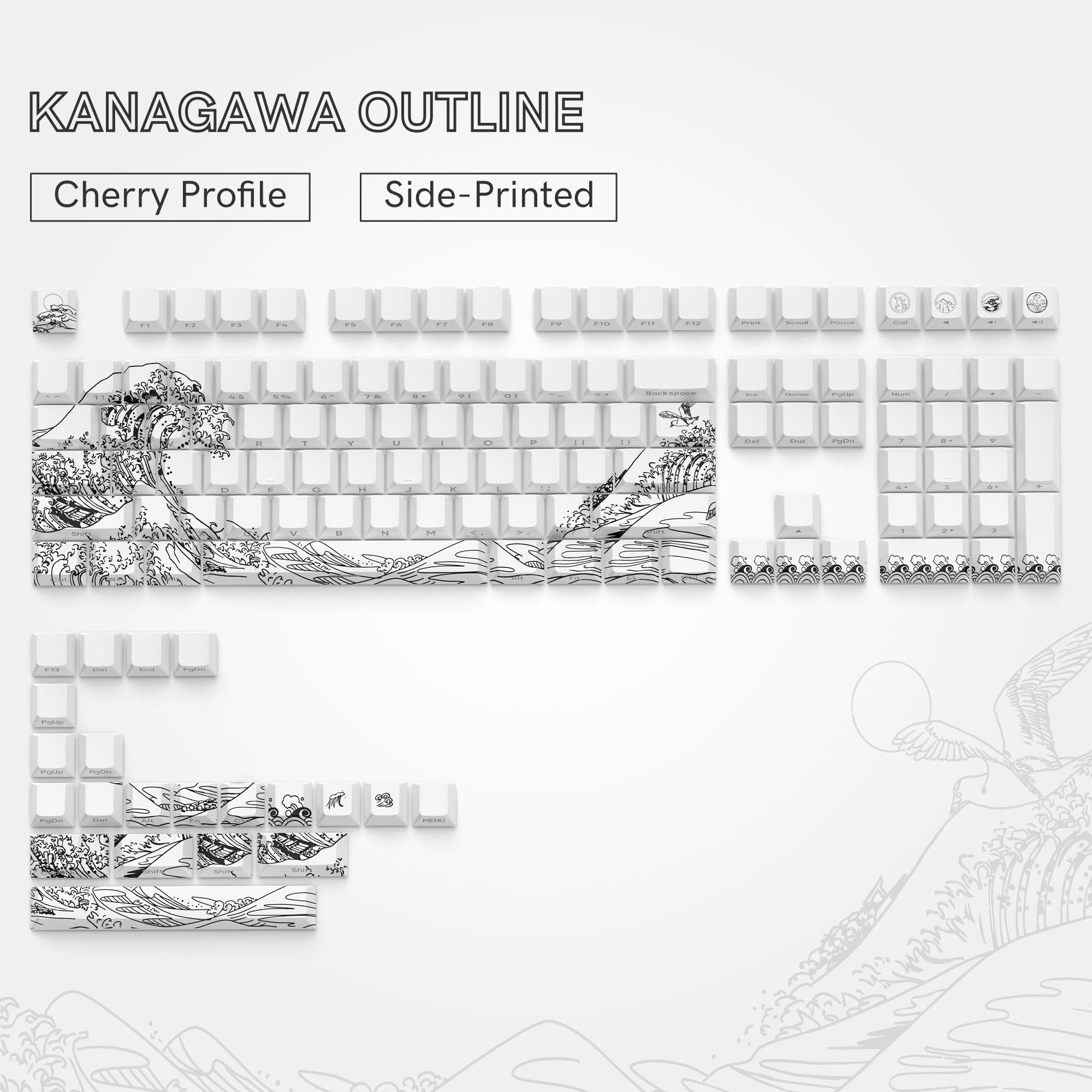 Womier White Kanagawa theme side-printed cherry profile dye-sub double-shot PBT keycap set. It fits for most of ANSI Layout and MX-style switches.