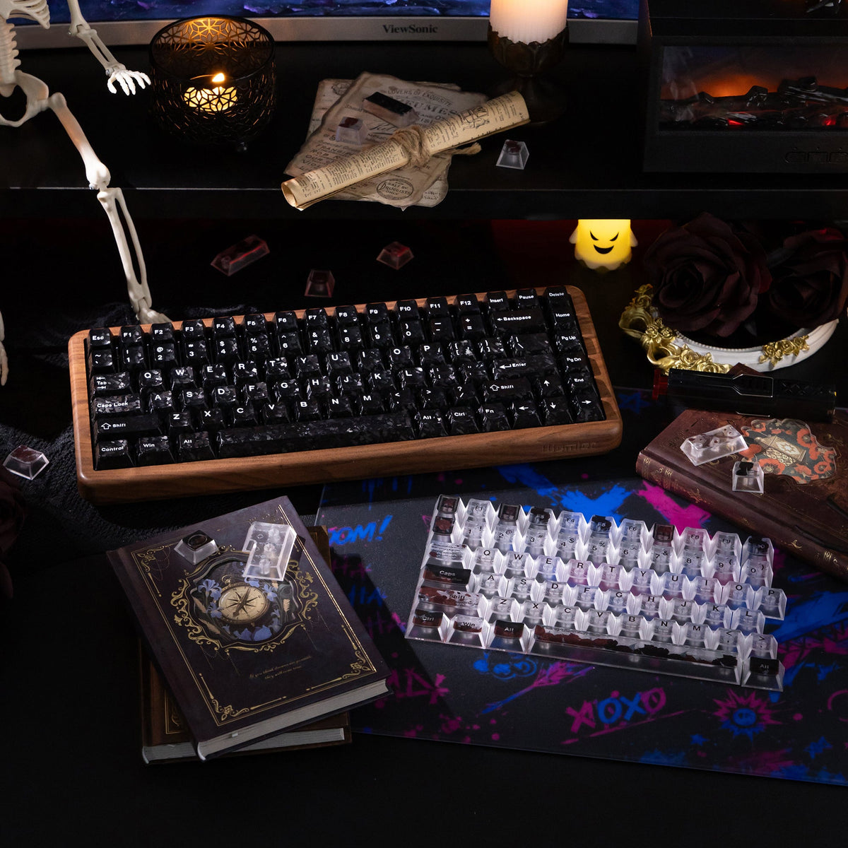 Halloween Blood Rose Bundle — Womier WD75 HE Keyboard + Dark Red Rose Keycaps + Red Graffiti Glass Mouse Pad - Womier Keyboard