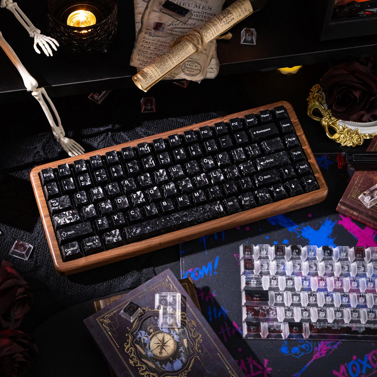 Halloween Blood Rose Bundle — Womier WD75 HE Keyboard + Dark Red Rose Keycaps + Red Graffiti Glass Mouse Pad - Womier Keyboard