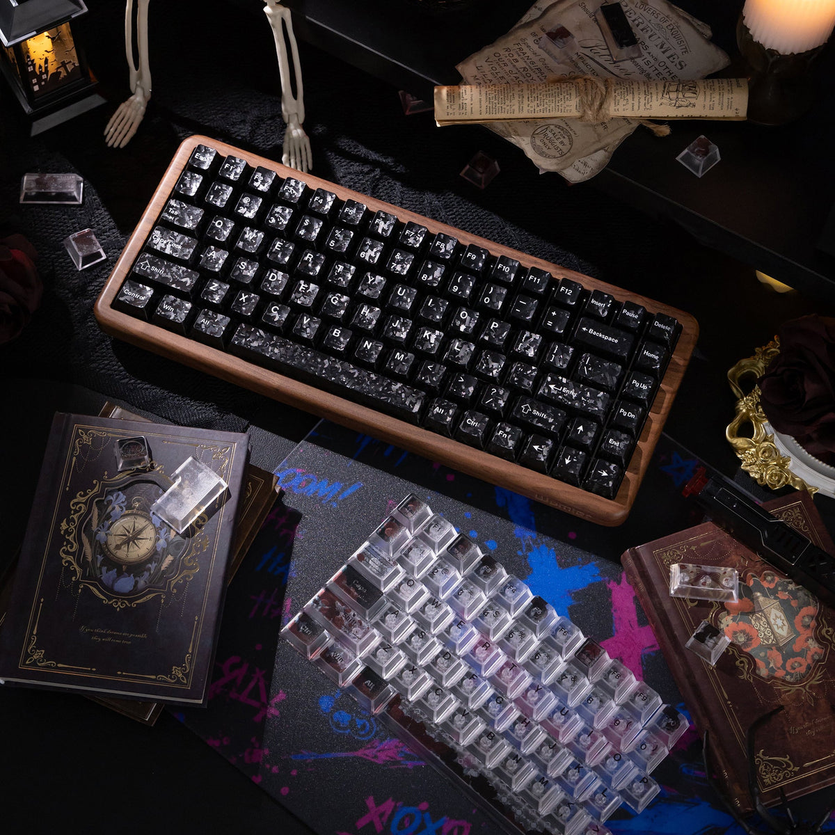 Halloween Blood Rose Bundle — Womier WD75 HE Keyboard + Dark Red Rose Keycaps + Red Graffiti Glass Mouse Pad - Womier Keyboard