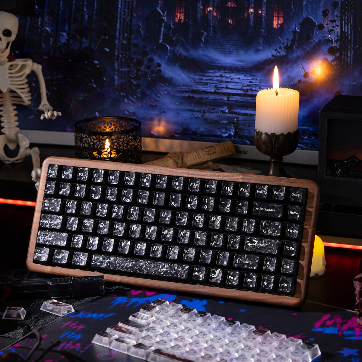 Halloween Blood Rose Bundle — Womier WD75 HE Keyboard + Dark Red Rose Keycaps + Red Graffiti Glass Mouse Pad - Womier Keyboard