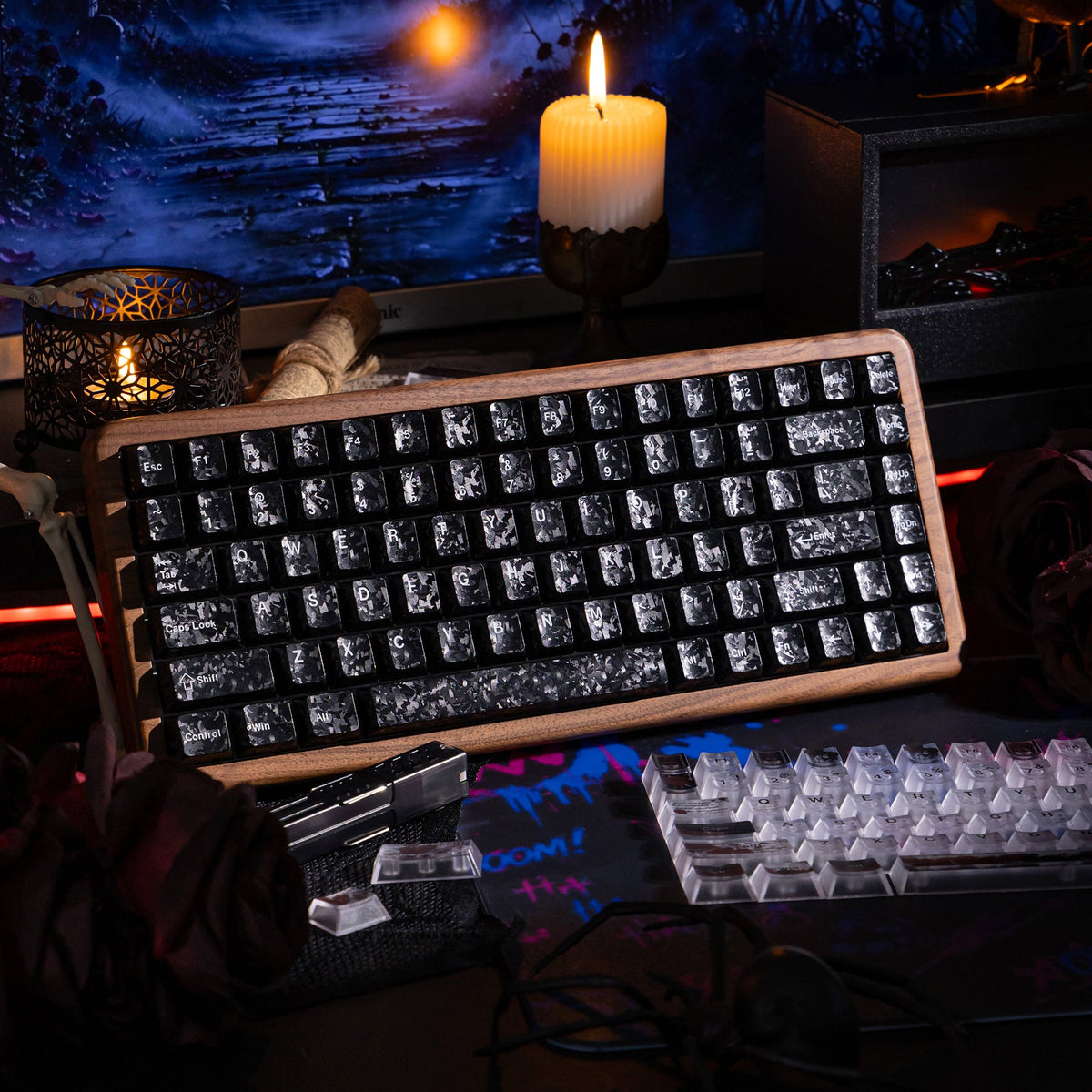 Halloween Blood Rose Bundle — Womier WD75 HE Keyboard + Dark Red Rose Keycaps + Red Graffiti Glass Mouse Pad - Womier Keyboard