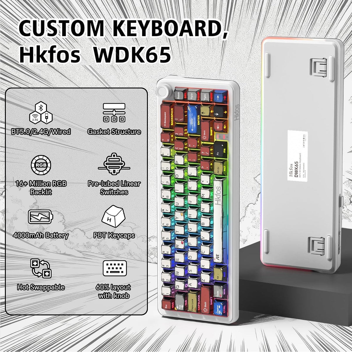 Hkfos DWK65 65% Gaming Mechanical Keyboard Wireless with Knob - Womier Keyboard