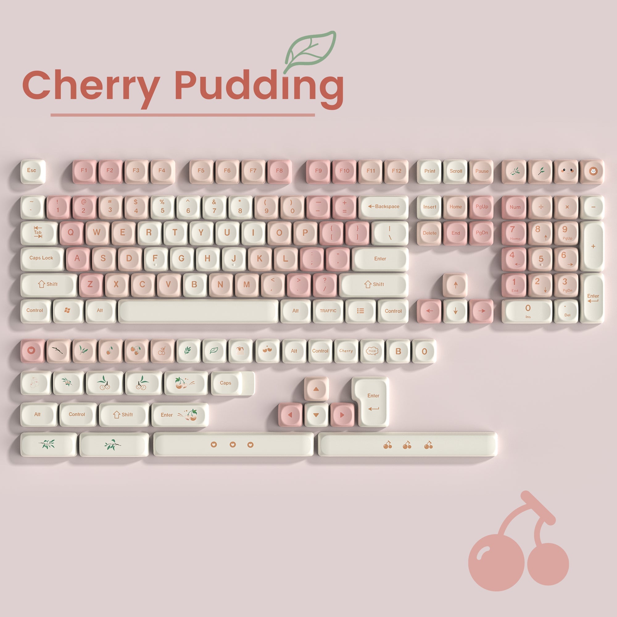 Womier Cherry Pudding MOA profile PBT keycap set uses a dye-sublimation process. It is compatible with all MX-style switches and ANSI/ISO layouts.