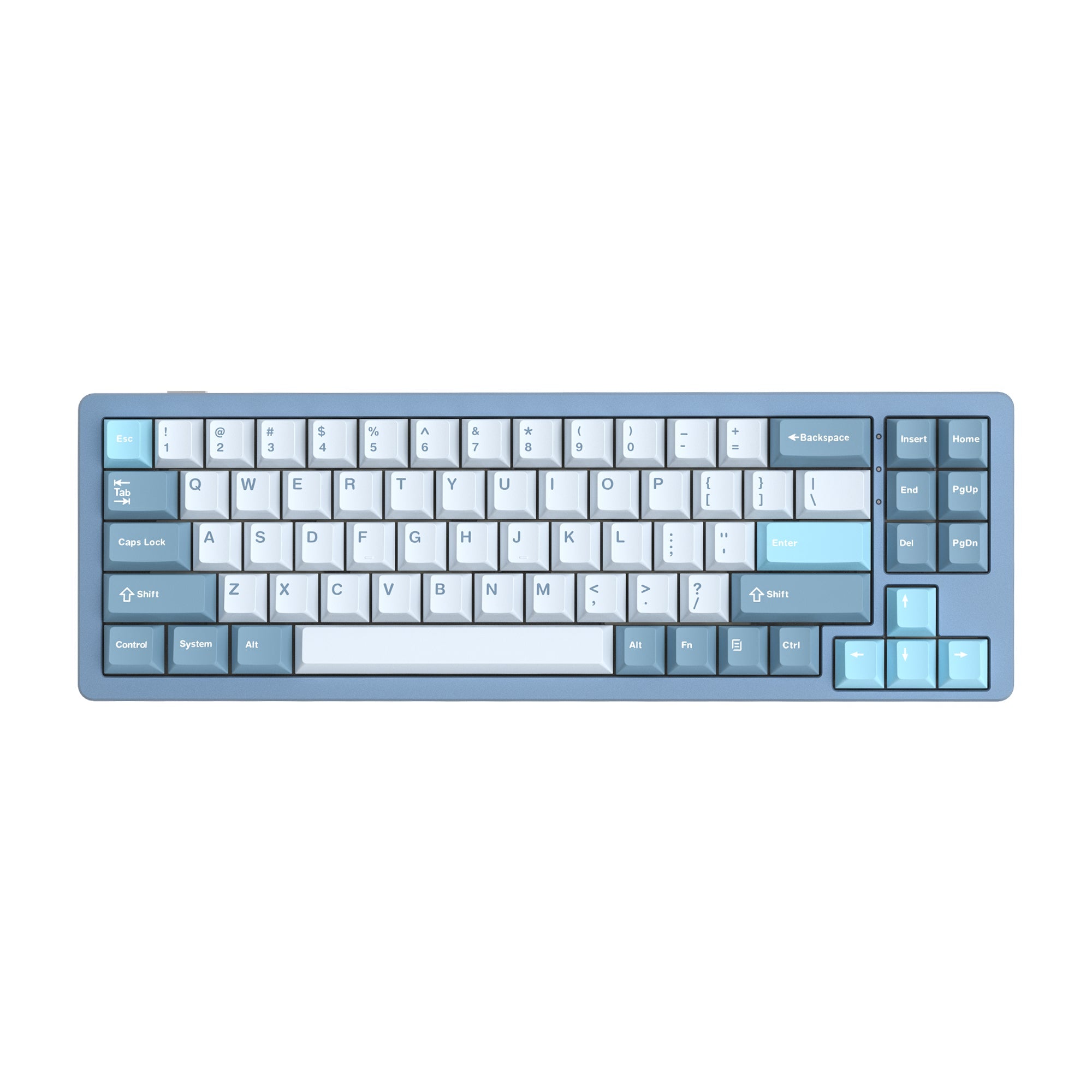 Womier SK71 blue is a gasket mounted wireless mechanical keyboard with 68% compact layout. It also supports customize macros, lighting effects through software.