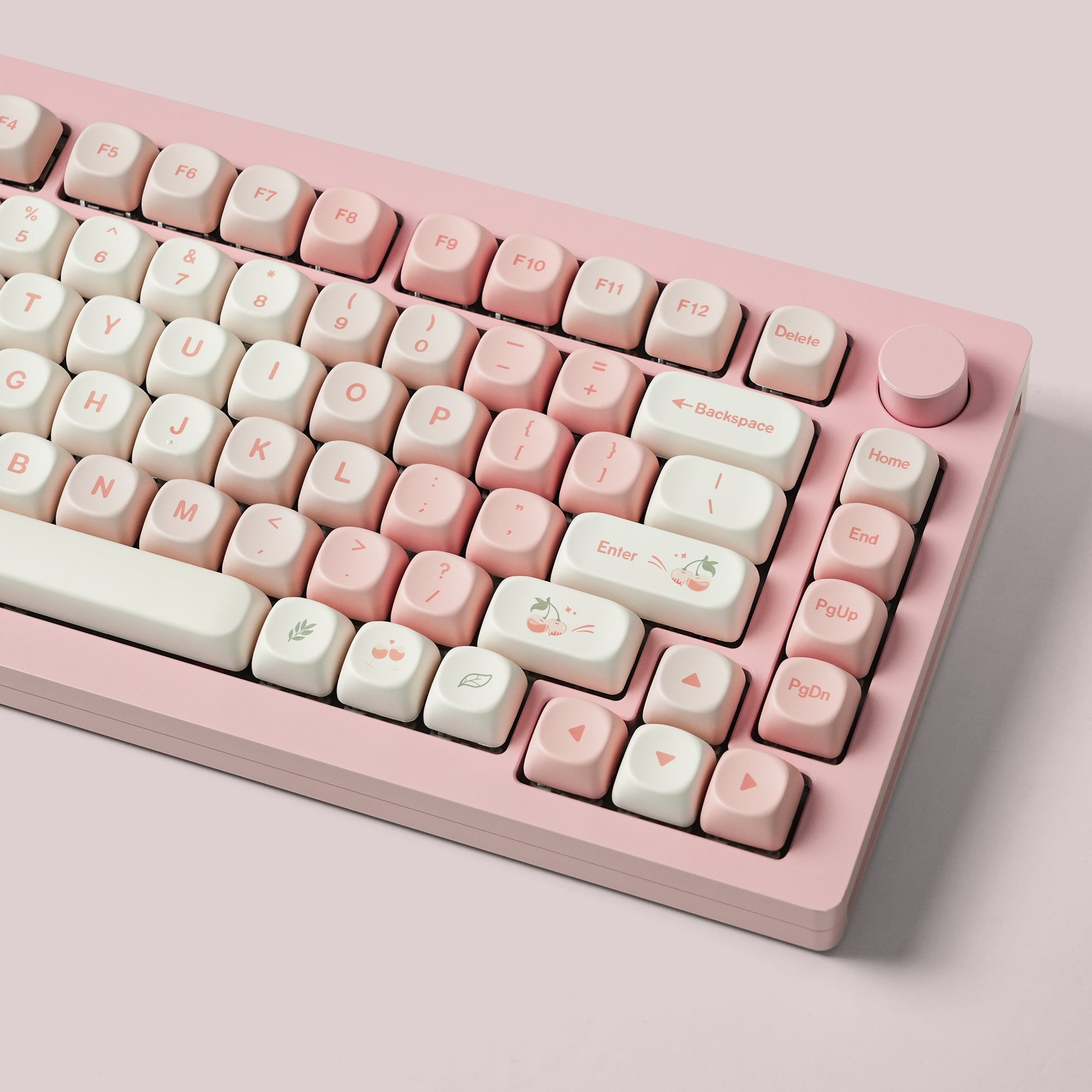Womier Cherry Pudding MOA profile PBT keycap set uses a dye-sublimation process. It is compatible with all MX-style switches and ANSI/ISO layouts.