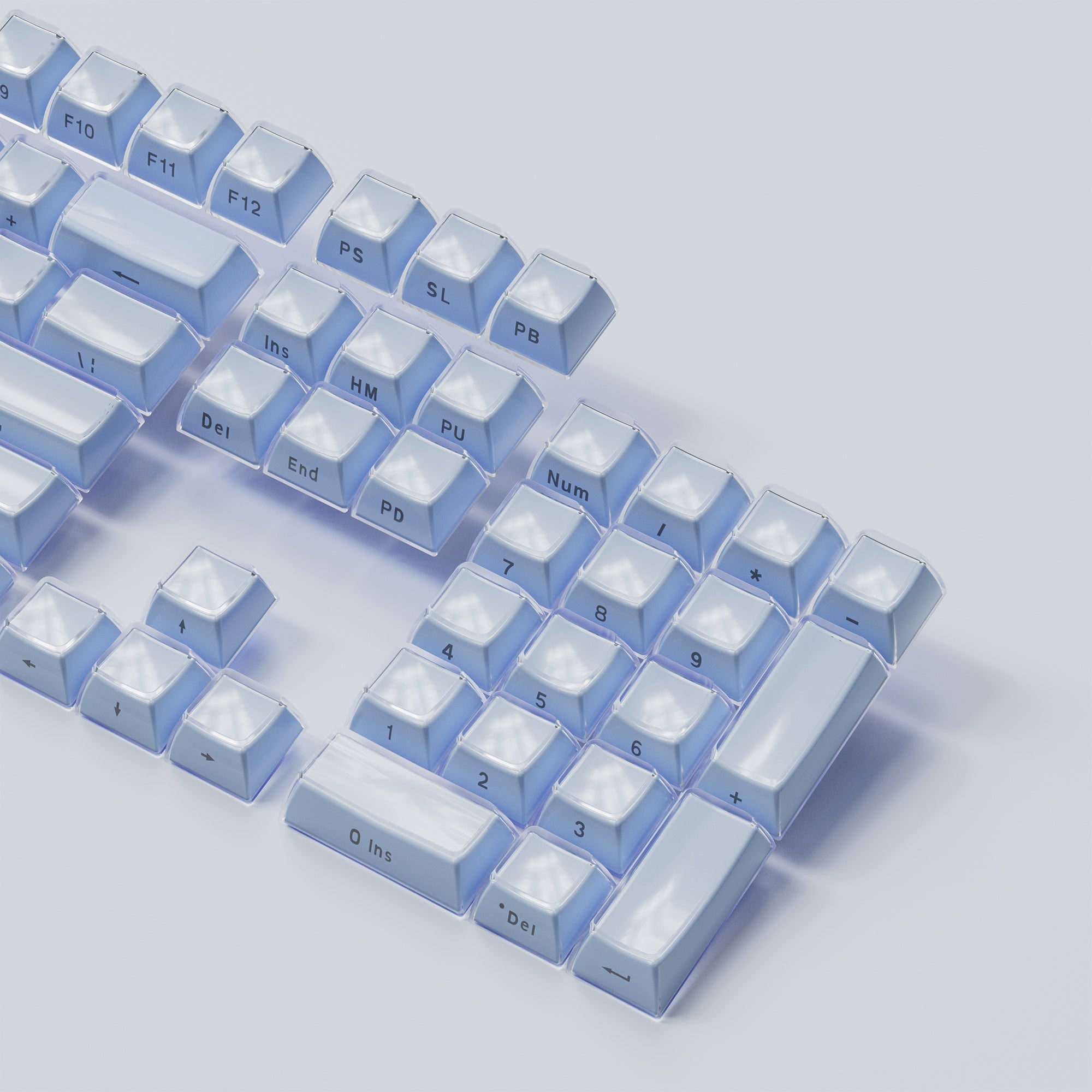 Womier Blue Jello Side-Printed Translucent OEM Profile Double-shot Keycap fit for most of ANSI Layout and MX-style switches.