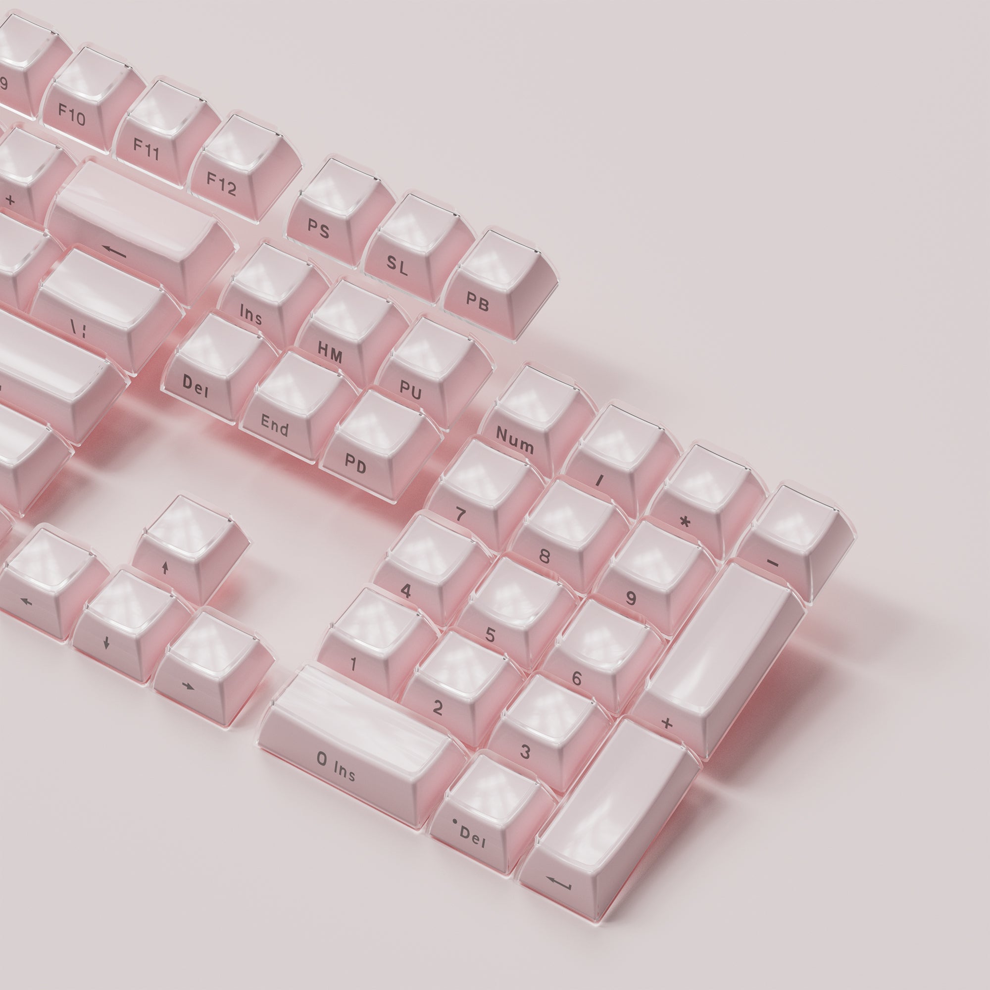 Womier Pink Jello Side-Printed Translucent OEM Profile Double-shot Keycap fit for most of ANSI Layout and MX-style switches.