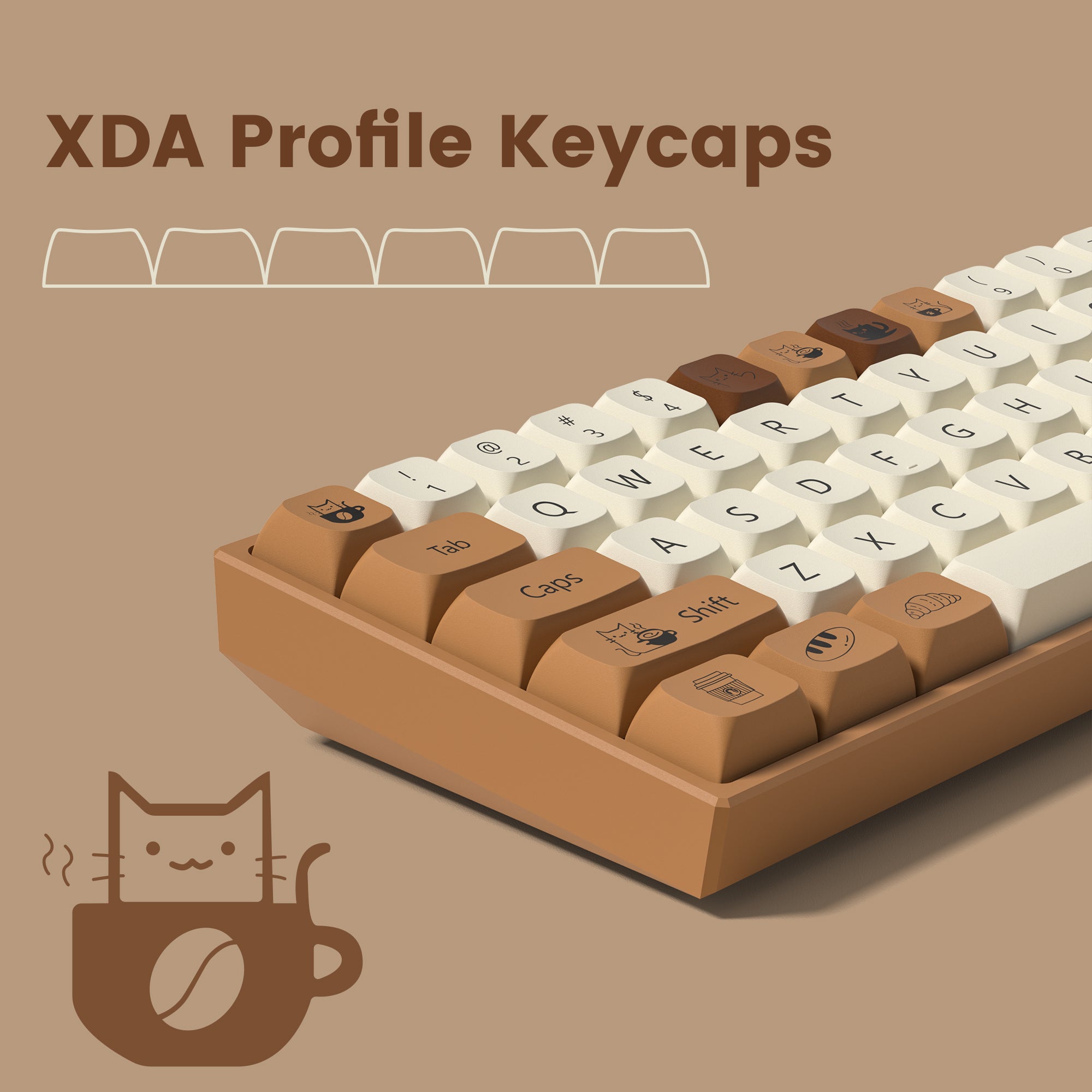 Womier Coffee Cat 143-key XDA profile PBT keycap set adopts dye-sublimation process. It compatible with MX-style switches and most ANSI layout.