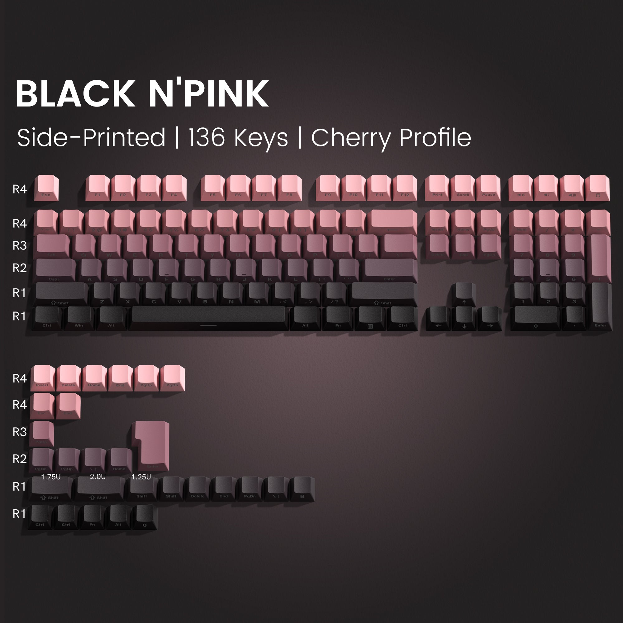 Womier Black n'Pink Side-Printed Cherry Profile Double-shot PBT Keycap fit for most of ANSI Layout and MX-style switches. 