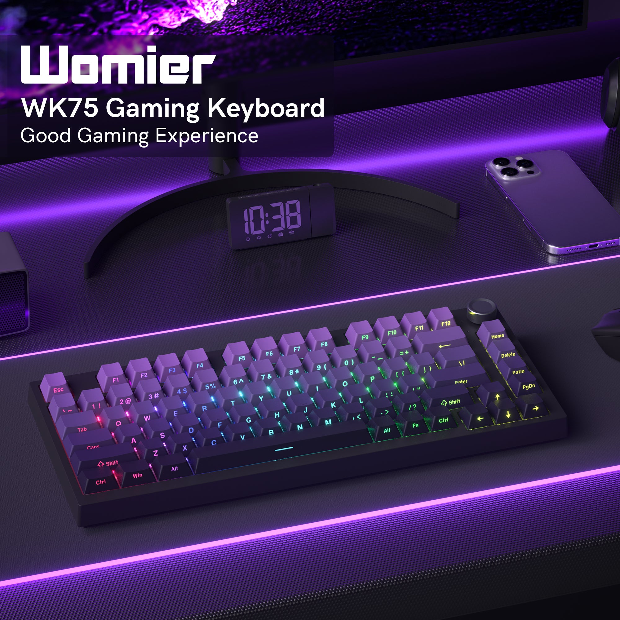 WK75 75% Wireless Mechanical Keyboard, 75% Hot Swappable Custom Keyboard with Knob, RGB Backlit, Pre-lubed Switches, 2.4GHz/USB-C/BT5.0 Gaming Keyboards (Purple)