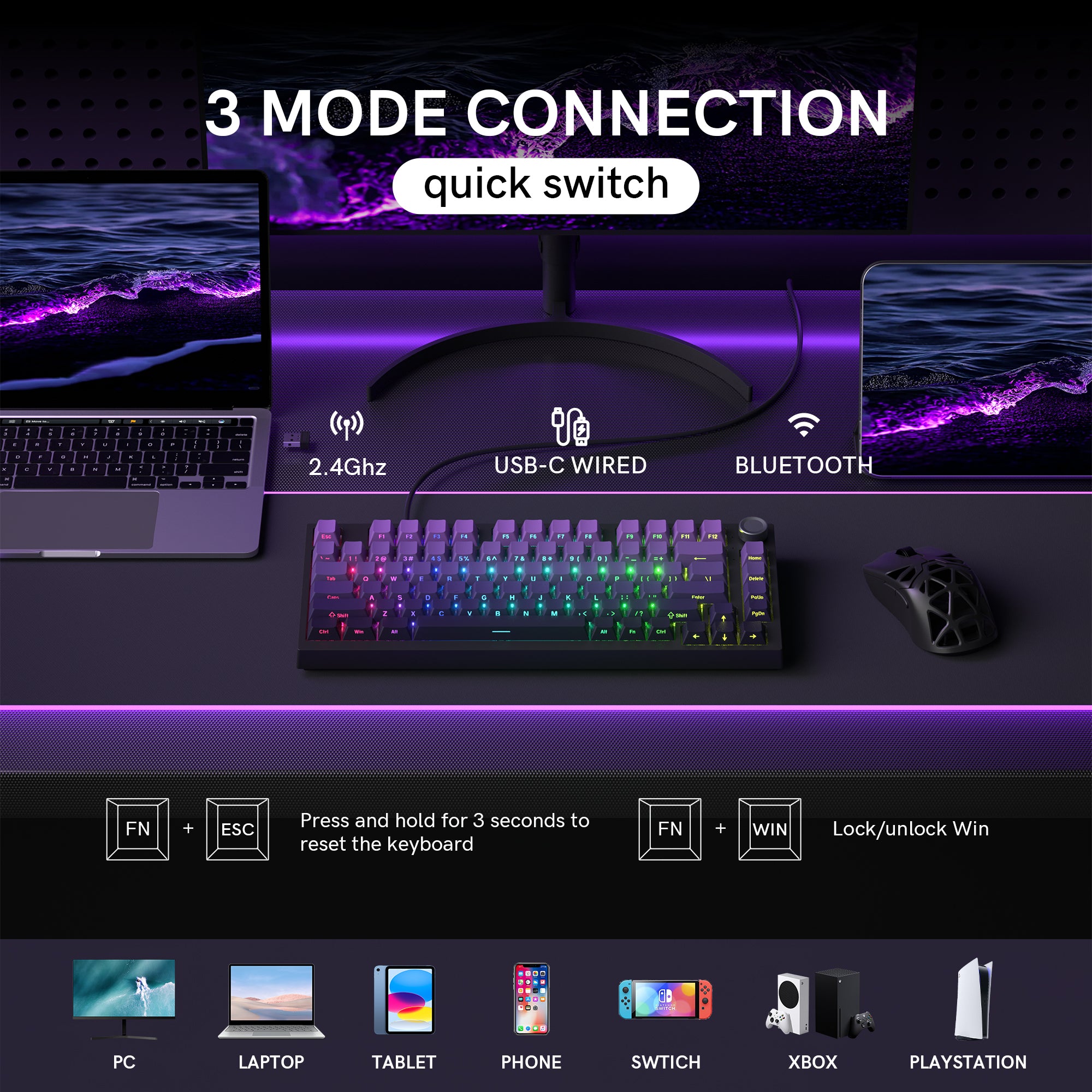 WK75 75% Wireless Mechanical Keyboard, 75% Hot Swappable Custom Keyboard with Knob, RGB Backlit, Pre-lubed Switches, 2.4GHz/USB-C/BT5.0 Gaming Keyboards (Purple)