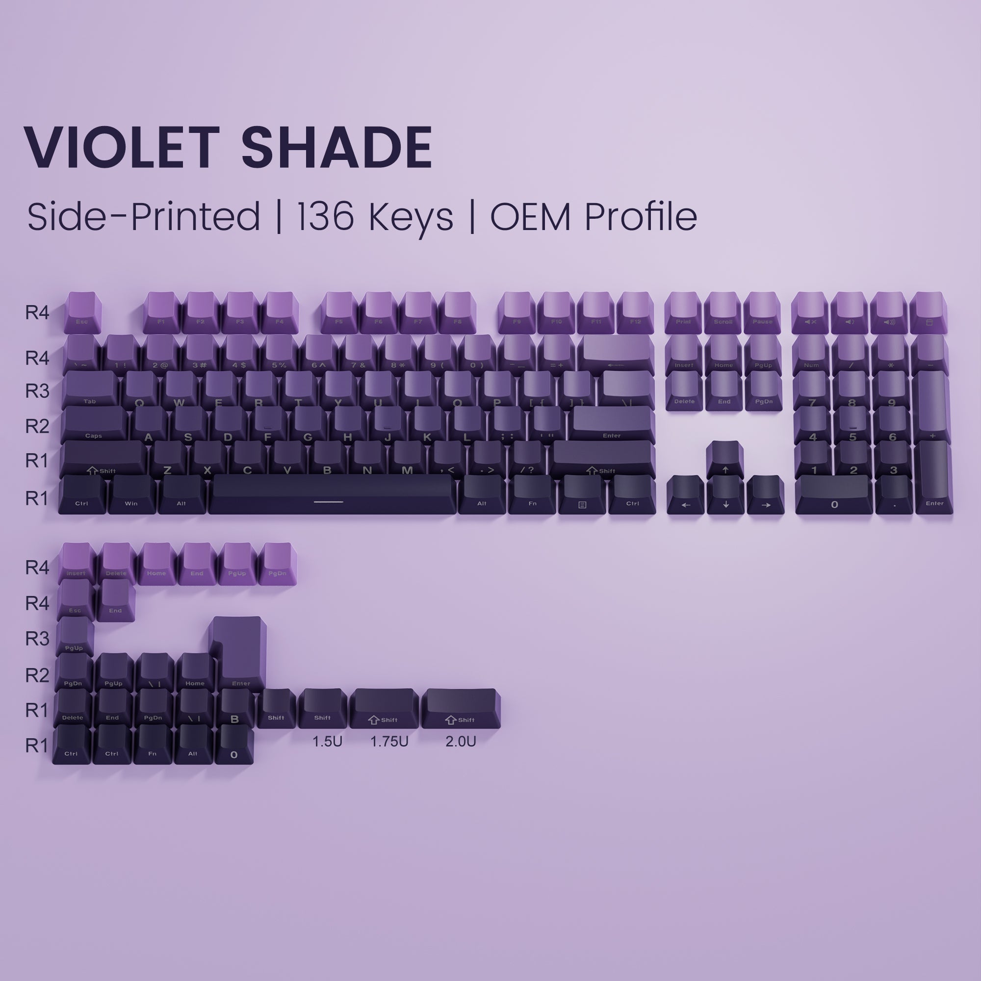 Womier Violet Shade Side-Printed OEM Profile Double-shot PBT Keycap fit for most of ANSI Layout and MX-style switches. 