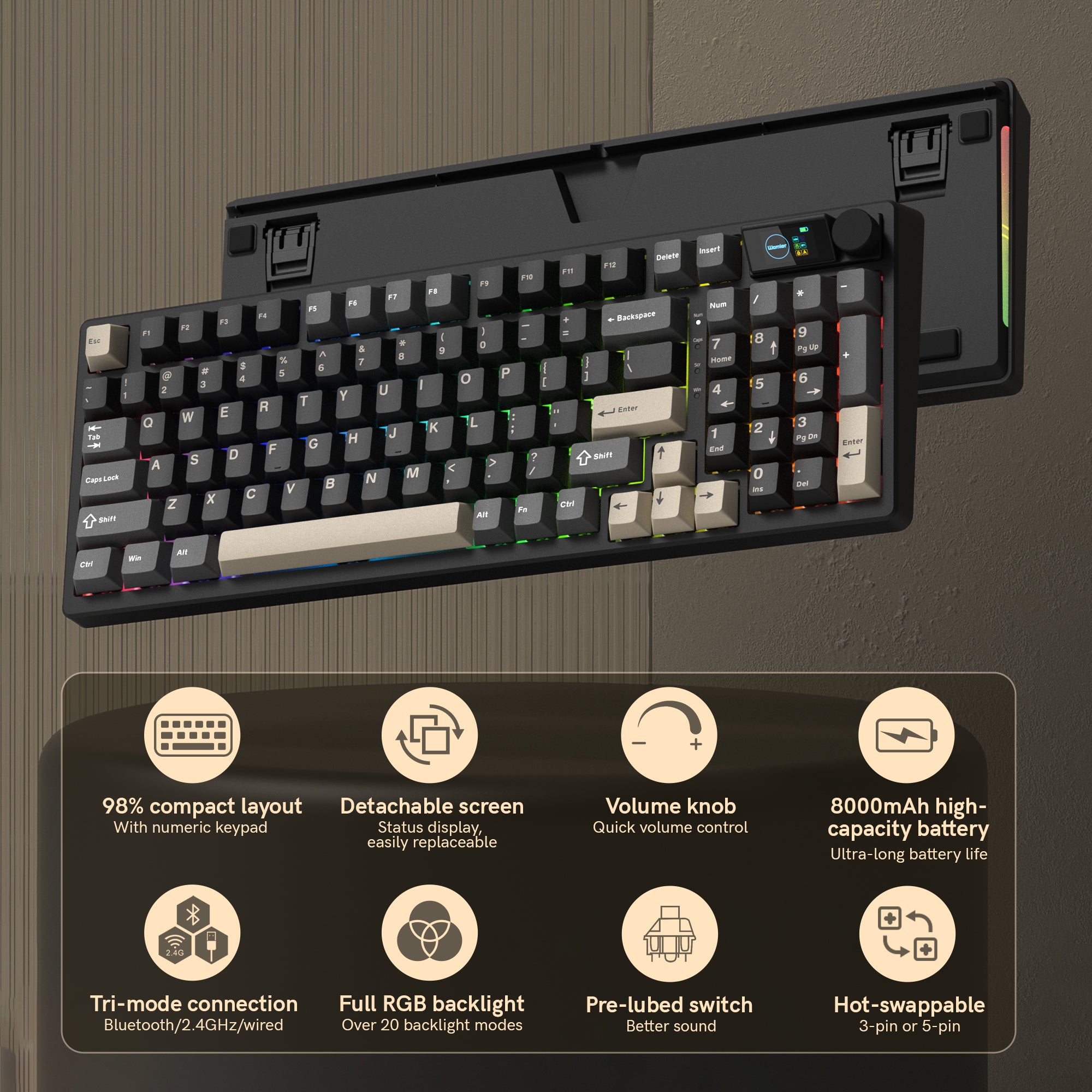 Womier M98 96% Wireless Mechanical Keyboard with Mini Display and Knob