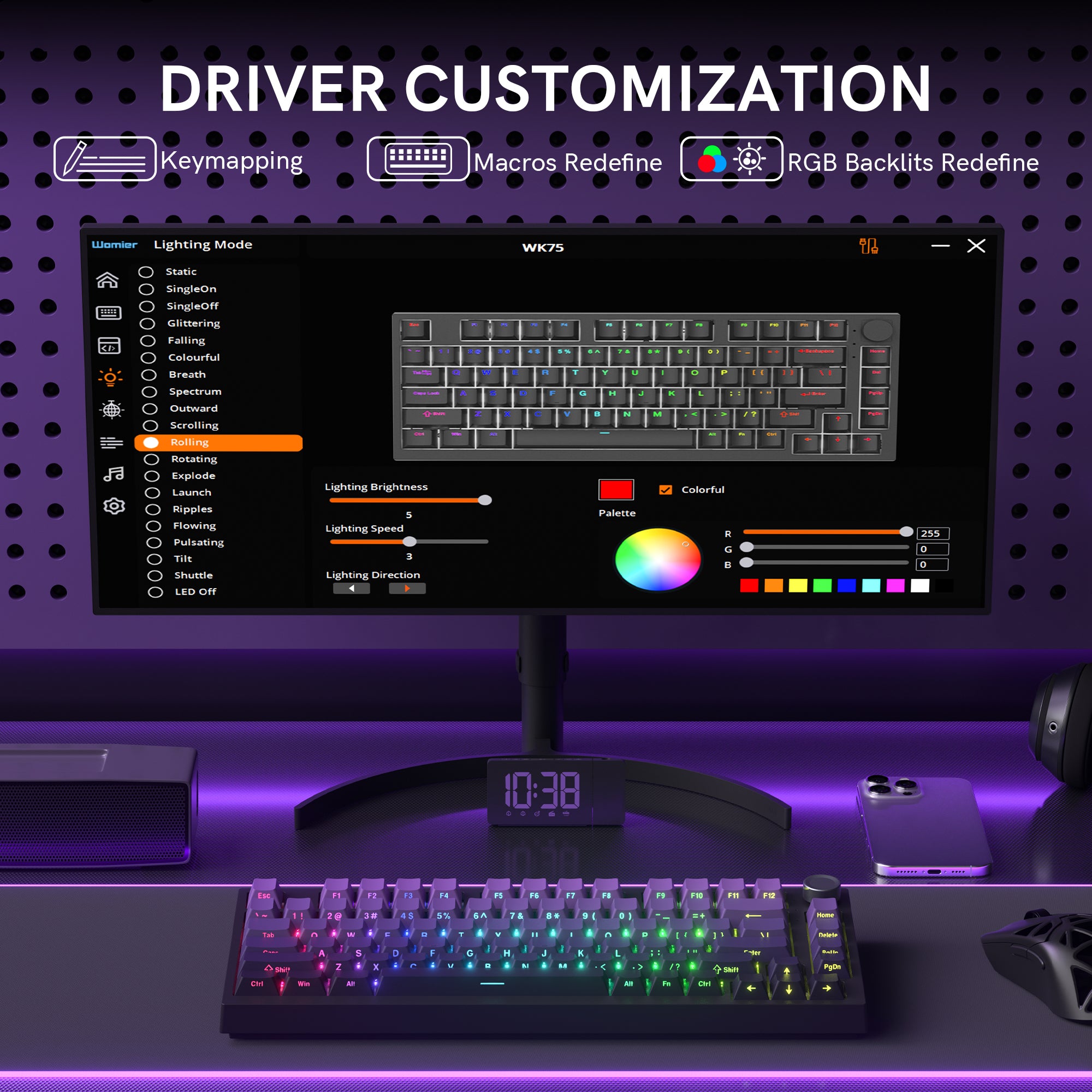 WK75 75% Wireless Mechanical Keyboard, 75% Hot Swappable Custom Keyboard with Knob, RGB Backlit, Pre-lubed Switches, 2.4GHz/USB-C/BT5.0 Gaming Keyboards (Purple)
