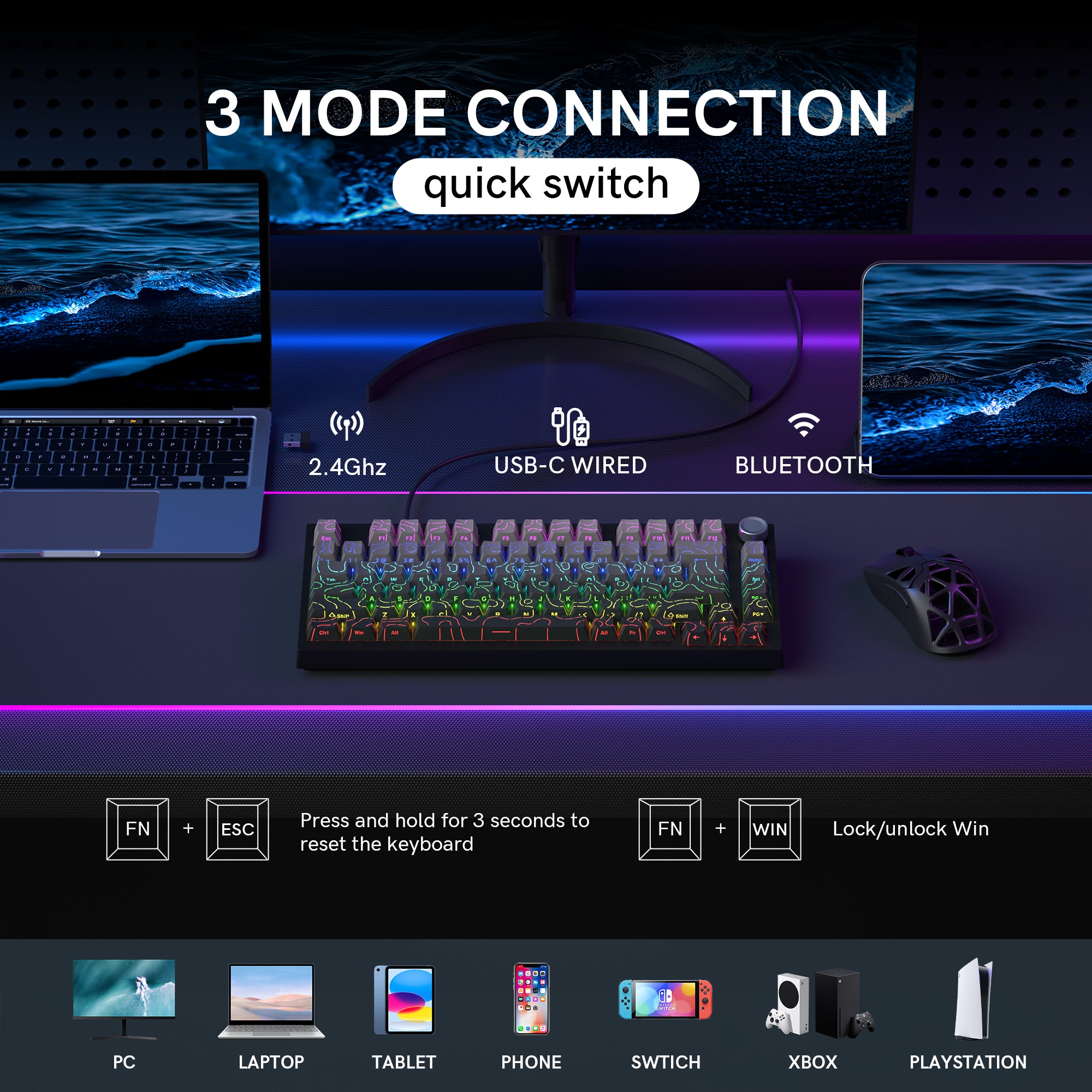 WK75 split wireless mechanical keyboard multi device connection