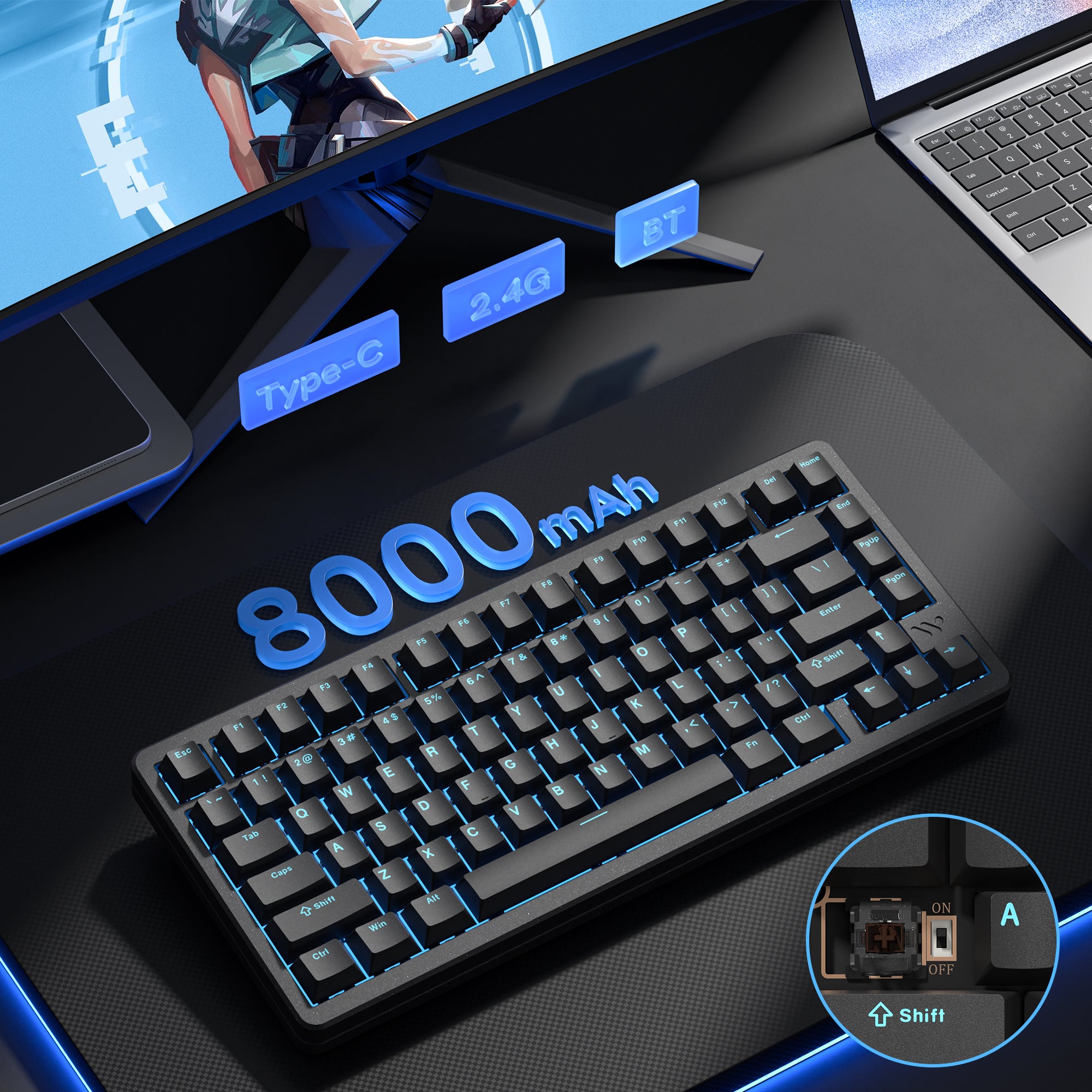 A close-up shot of the magnetic keycap keyboard shows that the SK75 TMR wireless mechanical keyboard has a battery capacity of 8000mAh