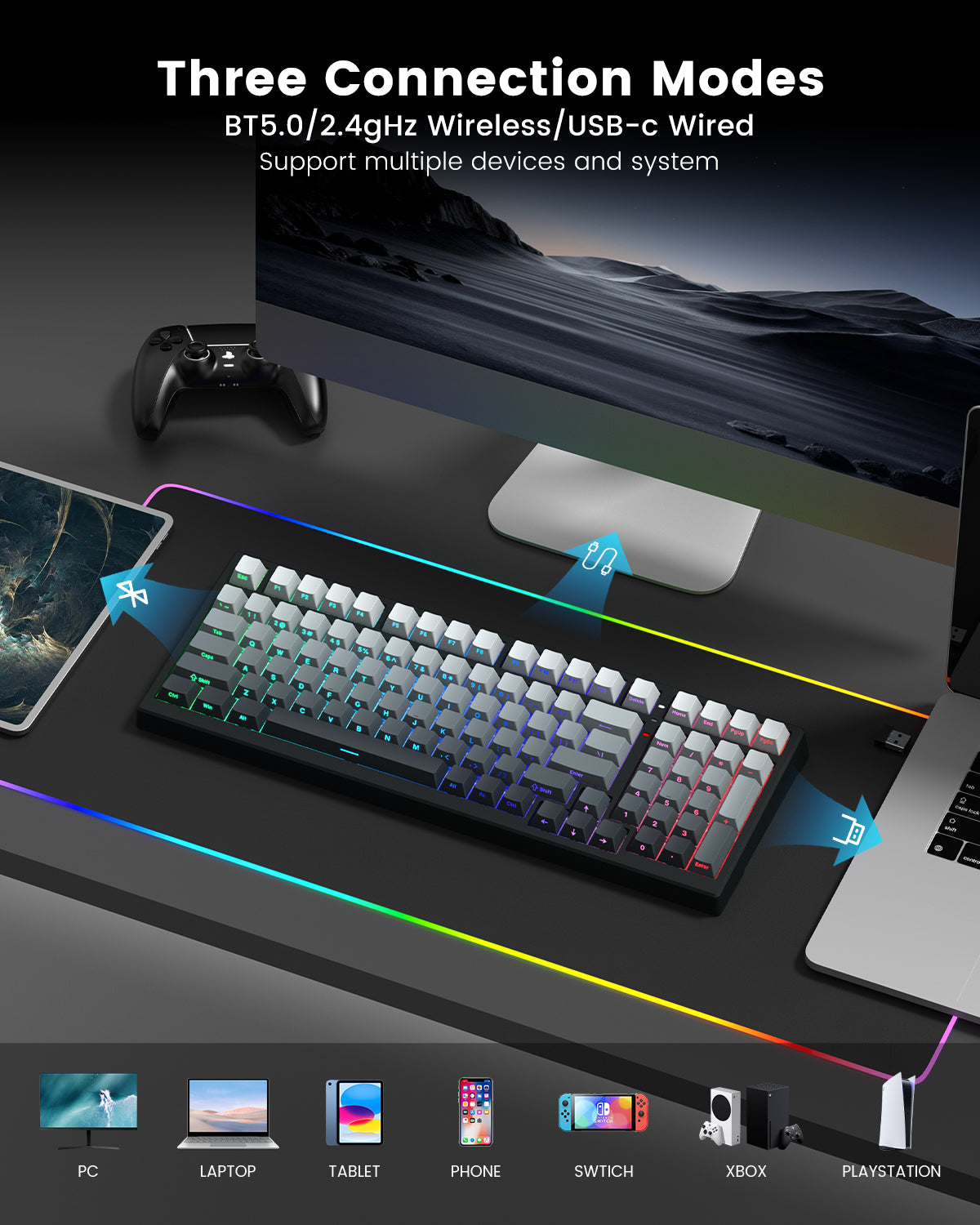 Womier X98 mechanical keyboard with 3 connection modes, wireless and Bluetooth, creamy low profile keys, perfect for gaming.