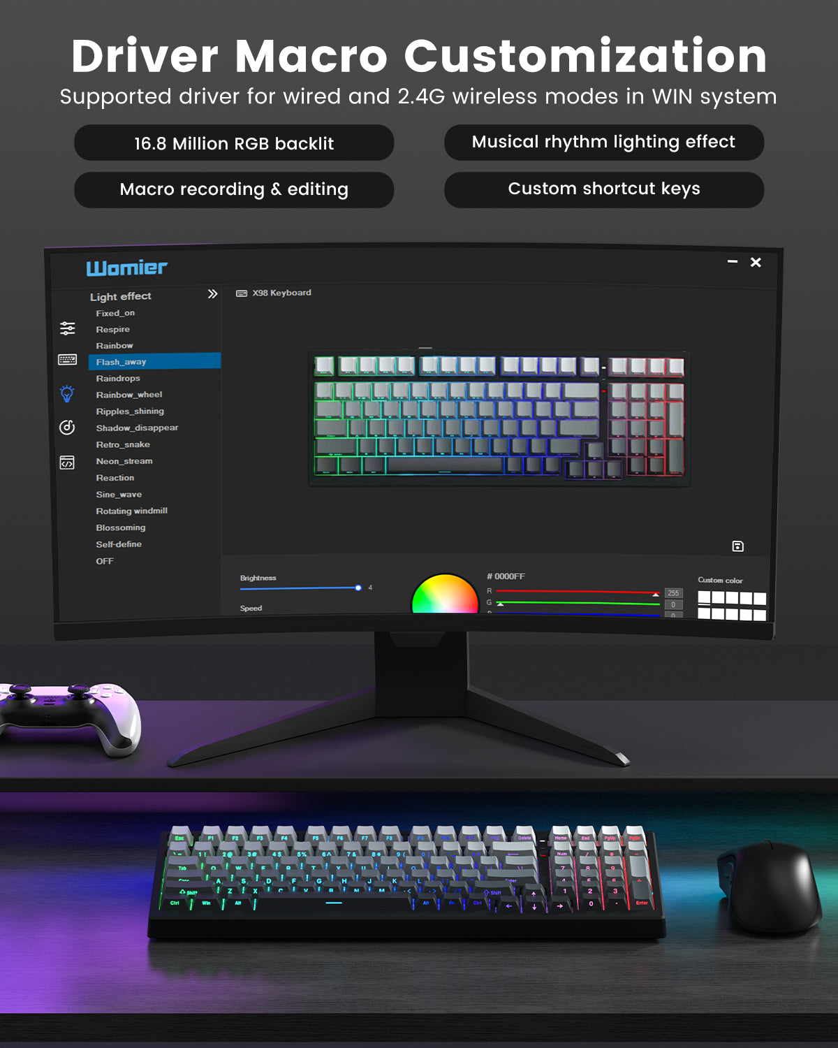 Womier X98 wireless mechanical keyboard, creamy keys, fully customizable, ideal for gaming.