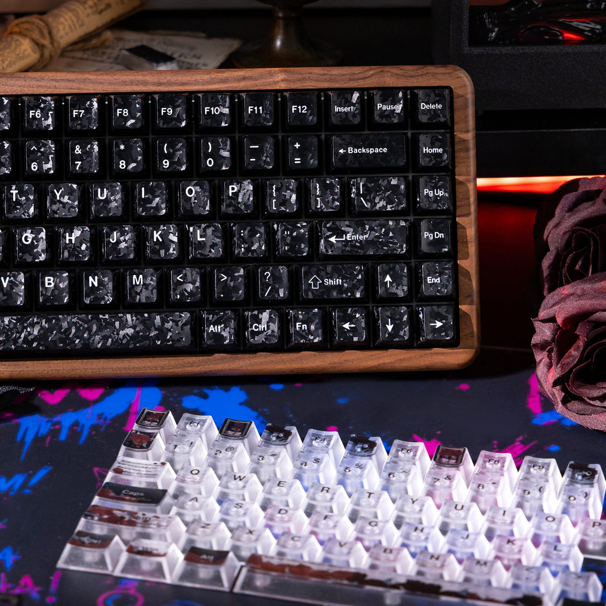 Halloween Blood Rose Bundle — Womier WD75 HE Keyboard + Dark Red Rose Keycaps + Red Graffiti Glass Mouse Pad - Womier Keyboard