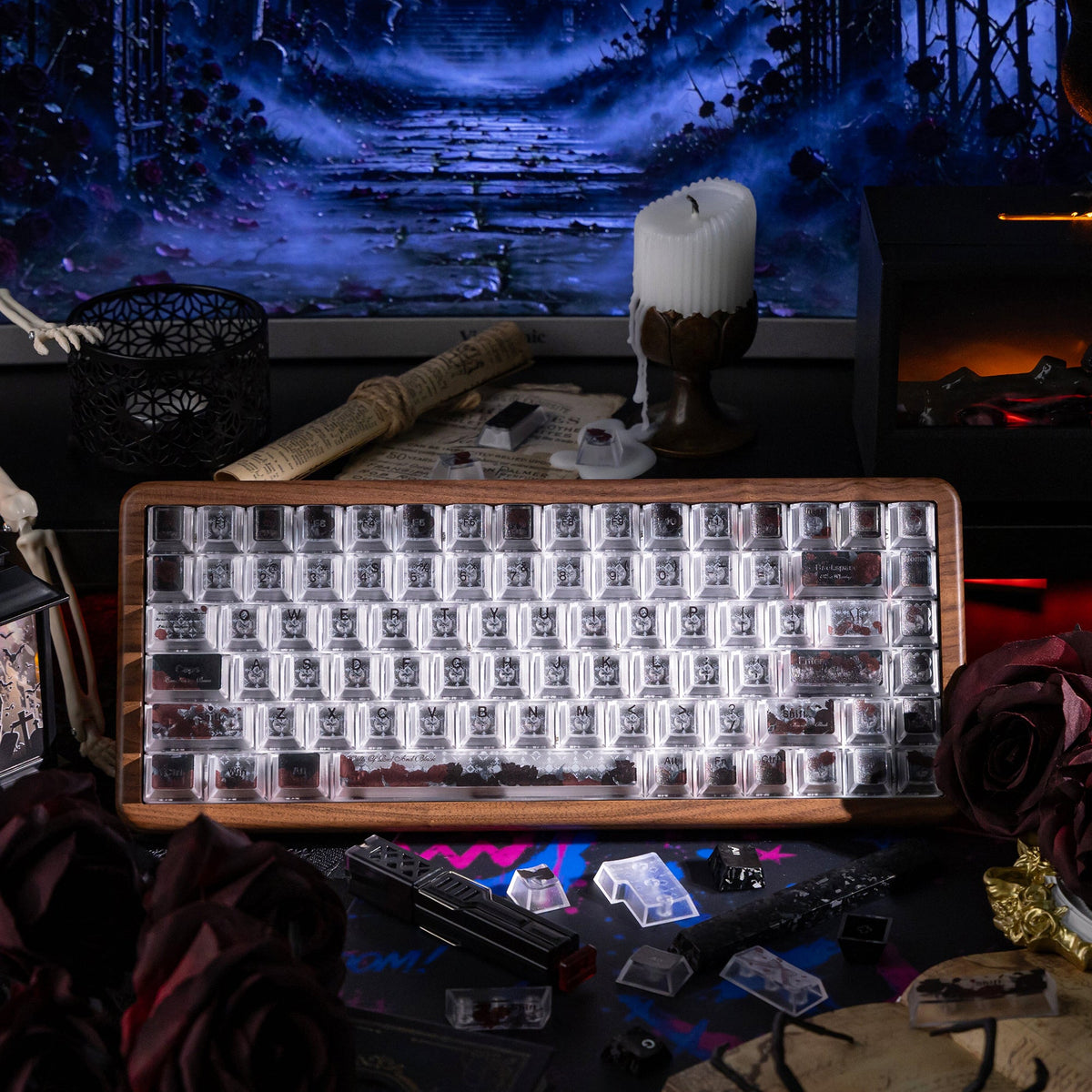 Halloween Blood Rose Bundle — Womier WD75 HE Keyboard + Dark Red Rose Keycaps + Red Graffiti Glass Mouse Pad - Womier Keyboard