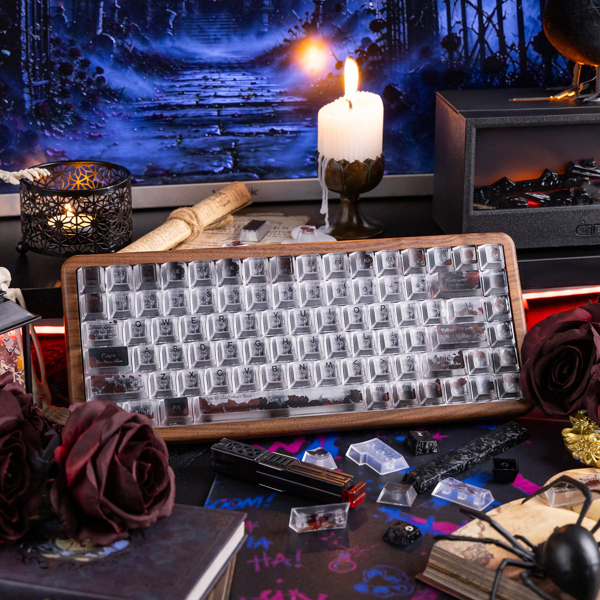 Halloween Blood Rose Bundle — Womier WD75 HE Keyboard + Dark Red Rose Keycaps + Red Graffiti Glass Mouse Pad - Womier Keyboard
