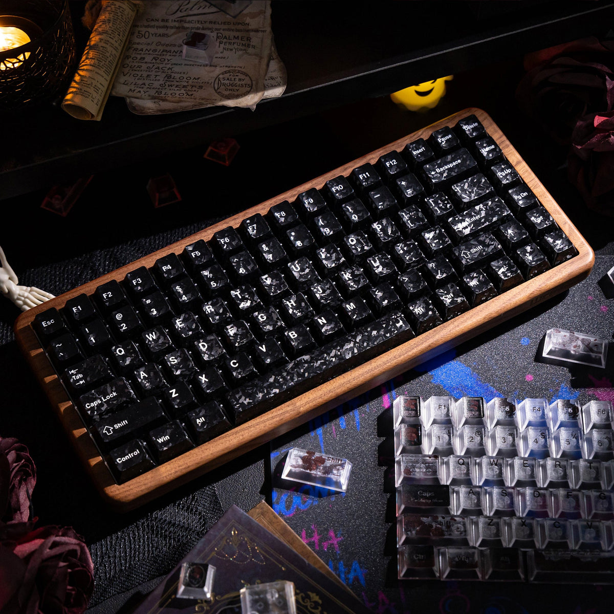 Halloween Blood Rose Bundle — Womier WD75 HE Keyboard + Dark Red Rose Keycaps + Red Graffiti Glass Mouse Pad - Womier Keyboard