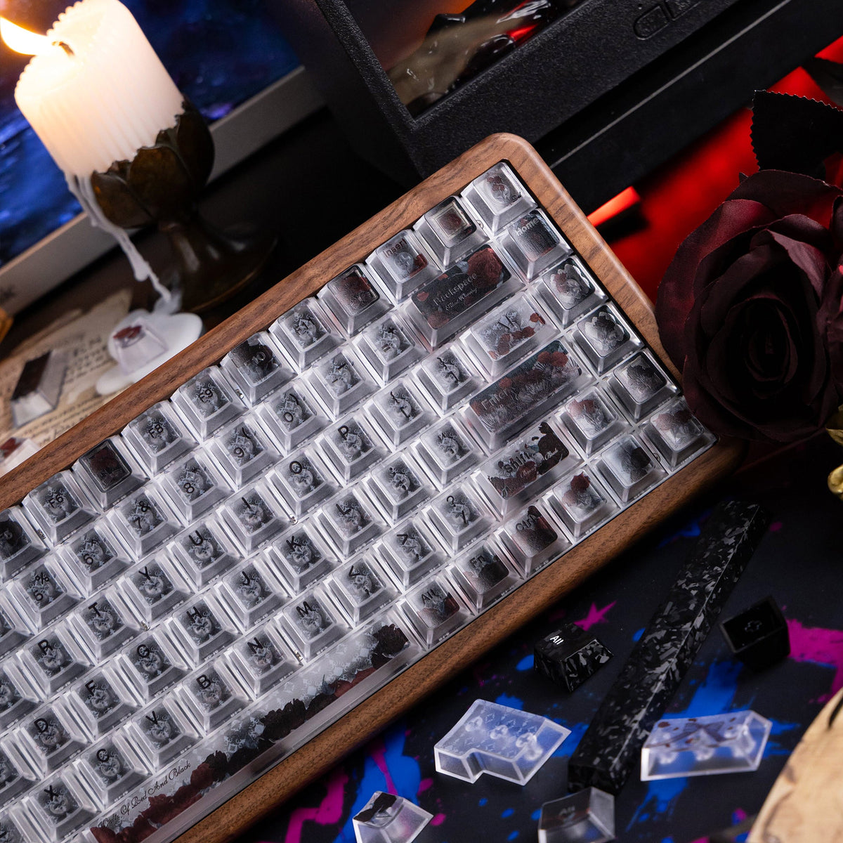 Halloween Blood Rose Bundle — Womier WD75 HE Keyboard + Dark Red Rose Keycaps + Red Graffiti Glass Mouse Pad - Womier Keyboard
