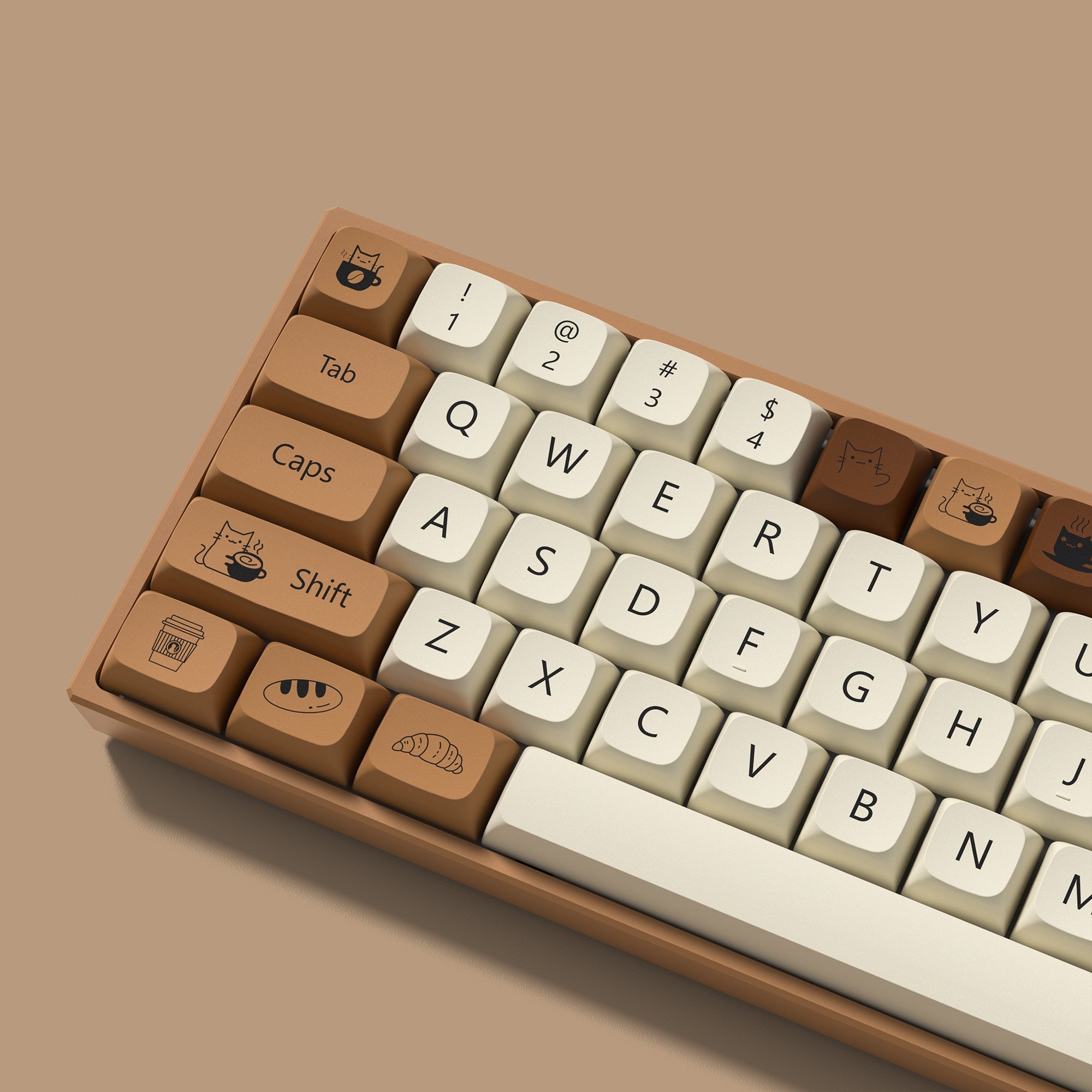 Womier Coffee Cat 143-key XDA profile PBT keycap set adopts dye-sublimation process. It compatible with MX-style switches and most ANSI layout.