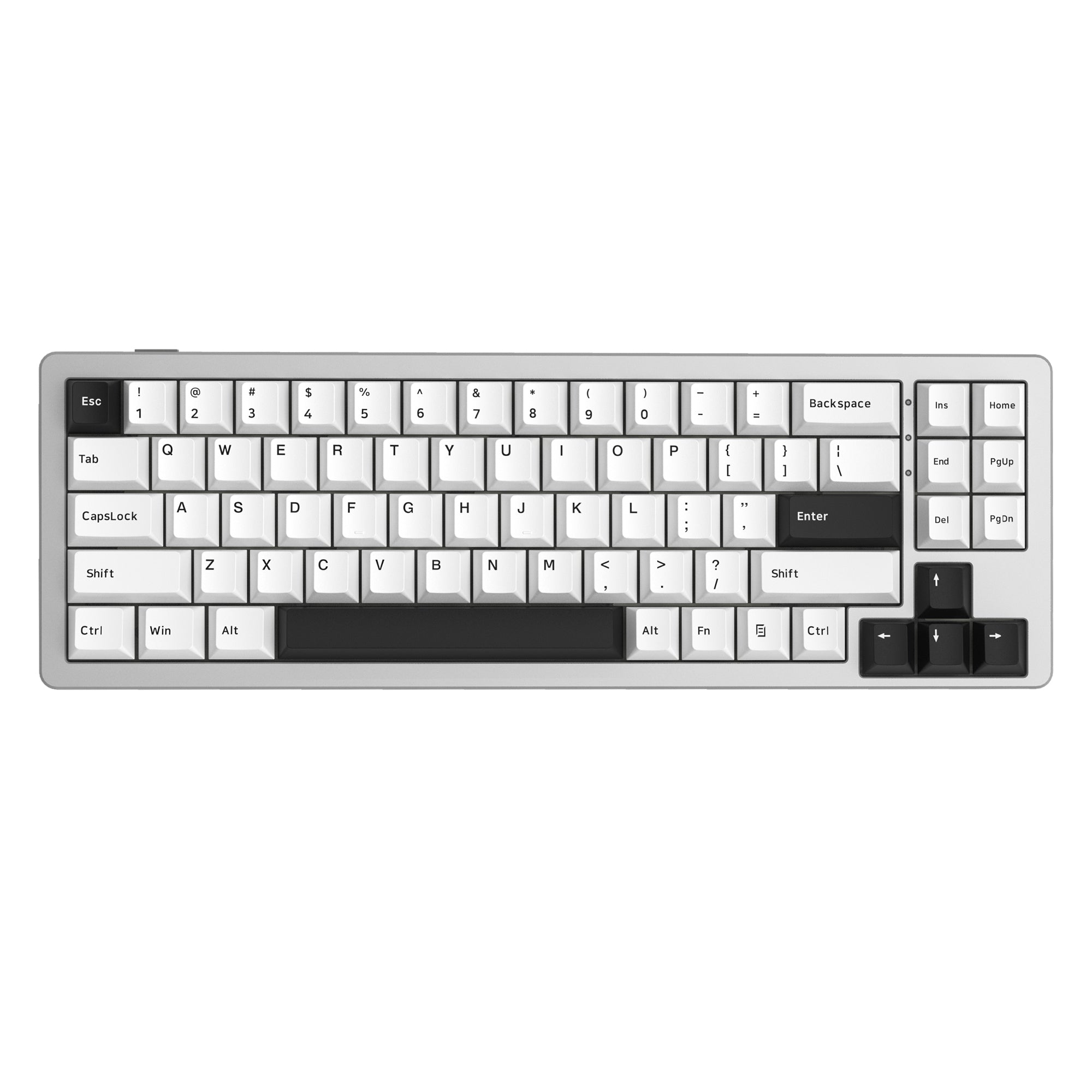 Womier SK71 Silver V2 is a 68% gasket-mounted wireless mechanical keyboard. It supports customizable macros and lighting effects through software.